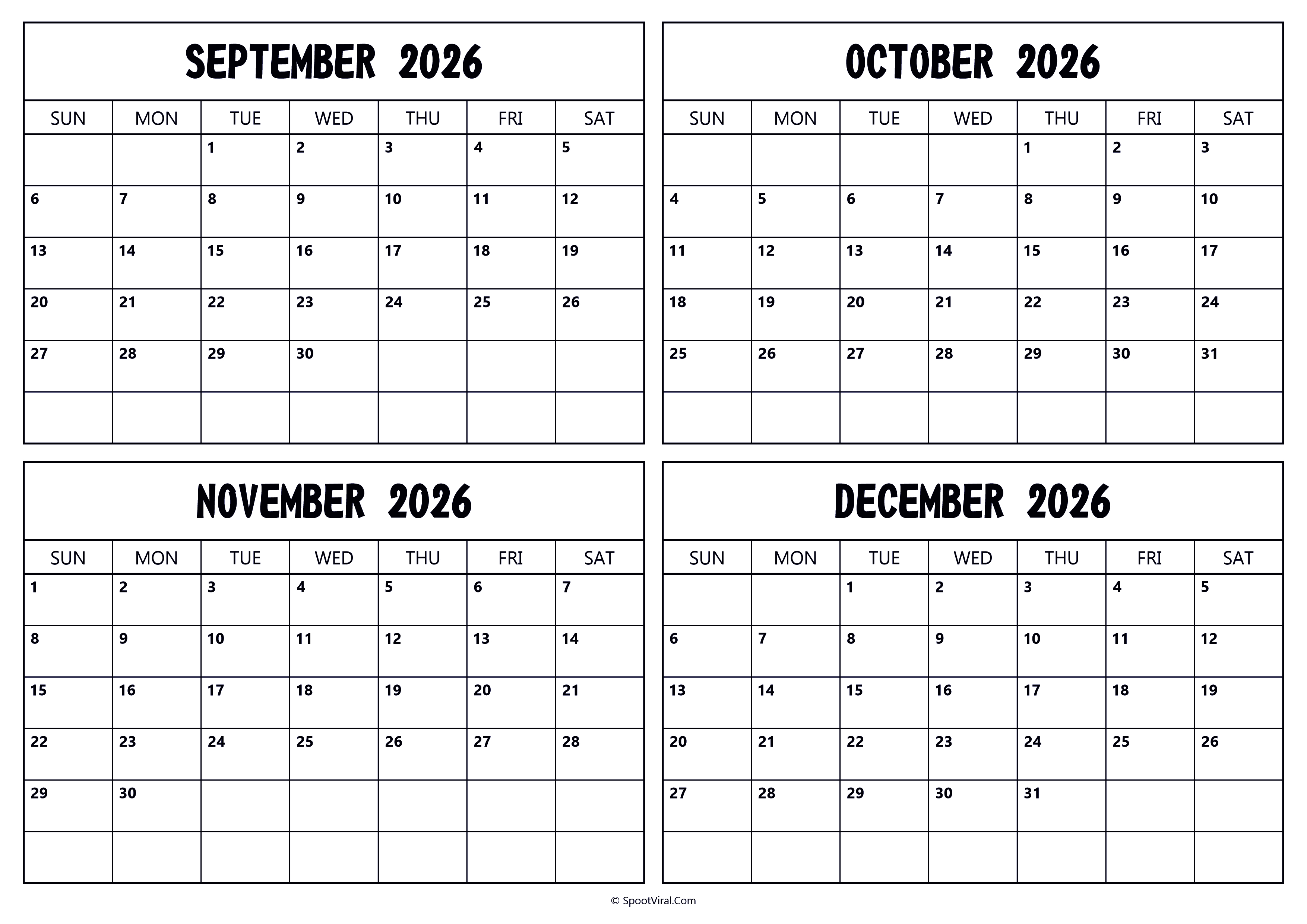 September October November December 2026 Calendar