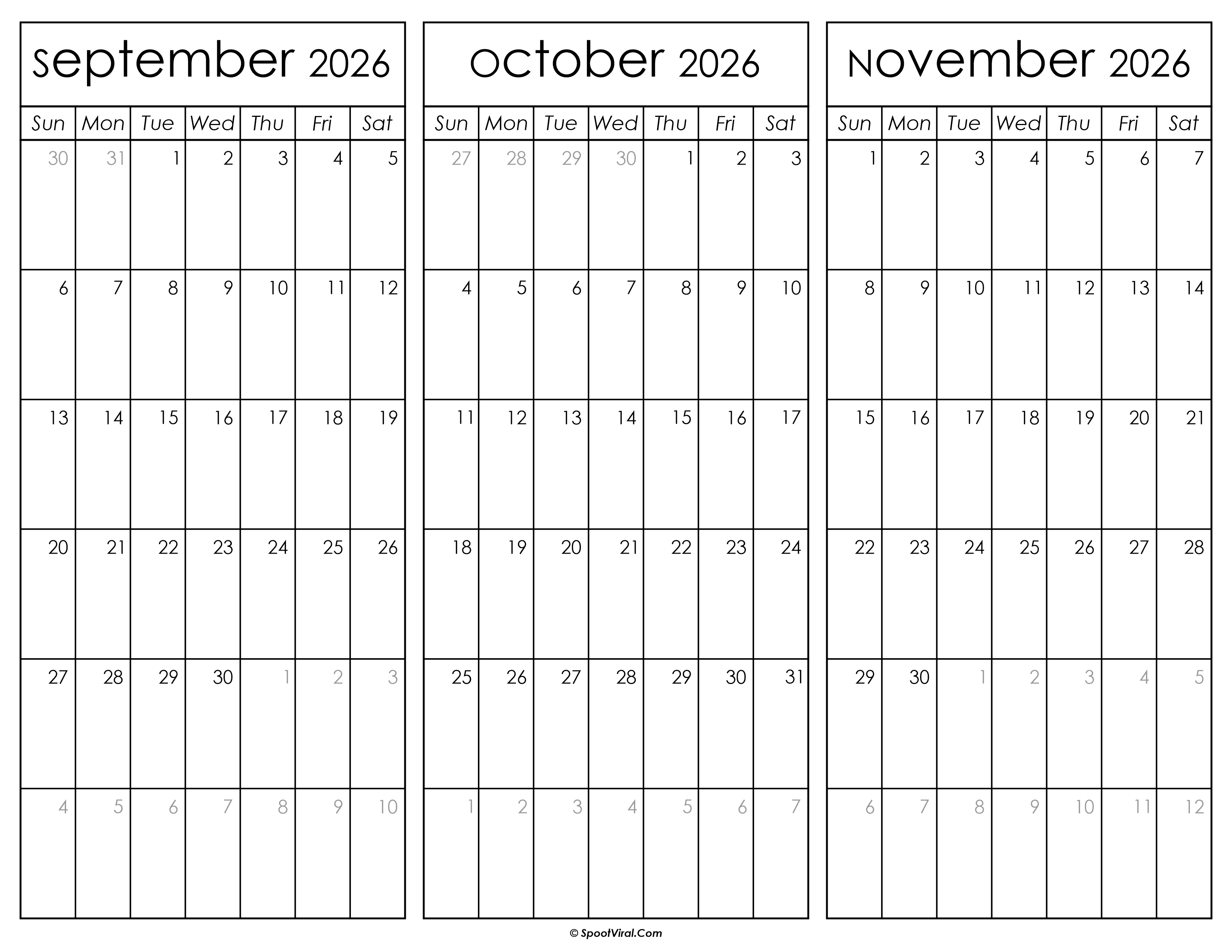 September October and November Calendar 2026