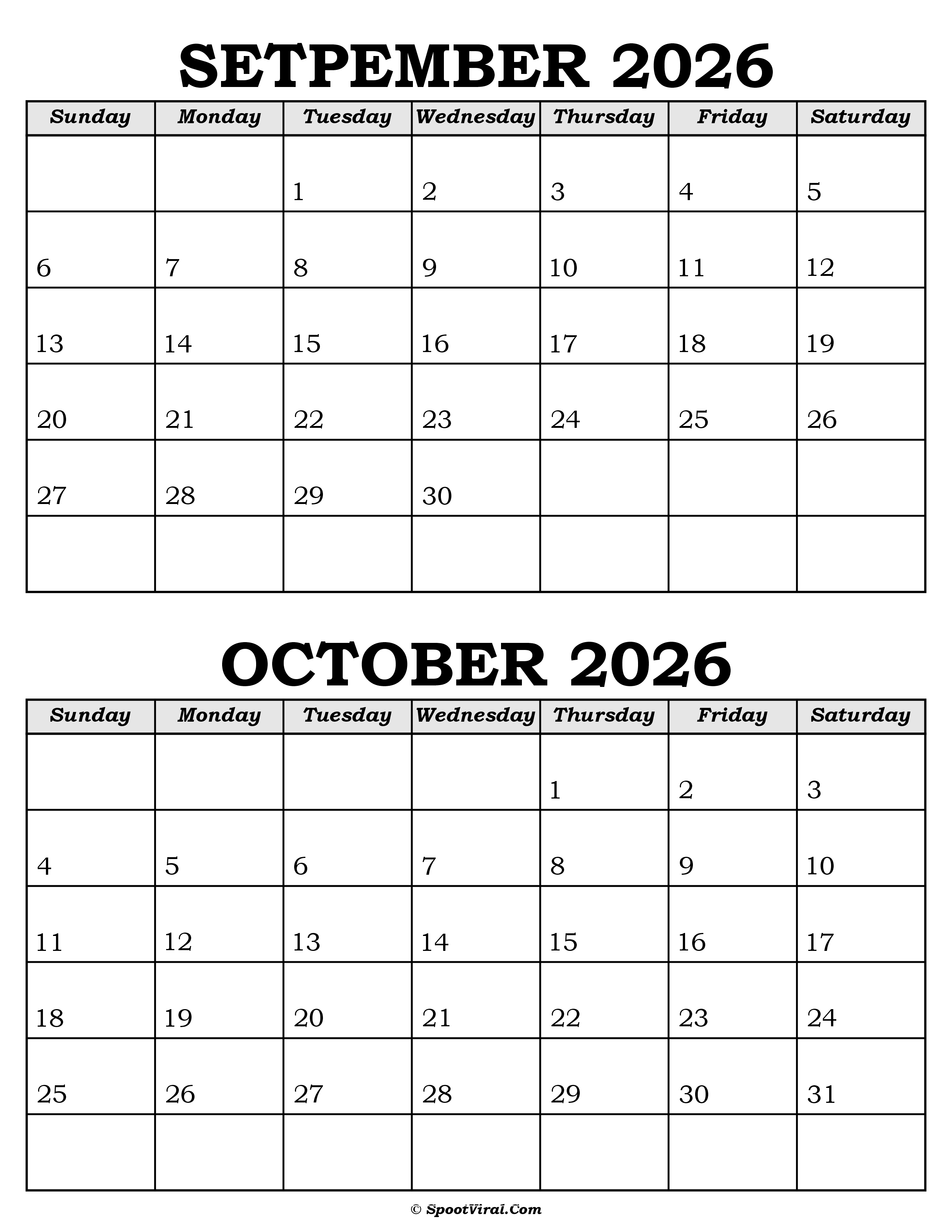 September and October Calendar 2026