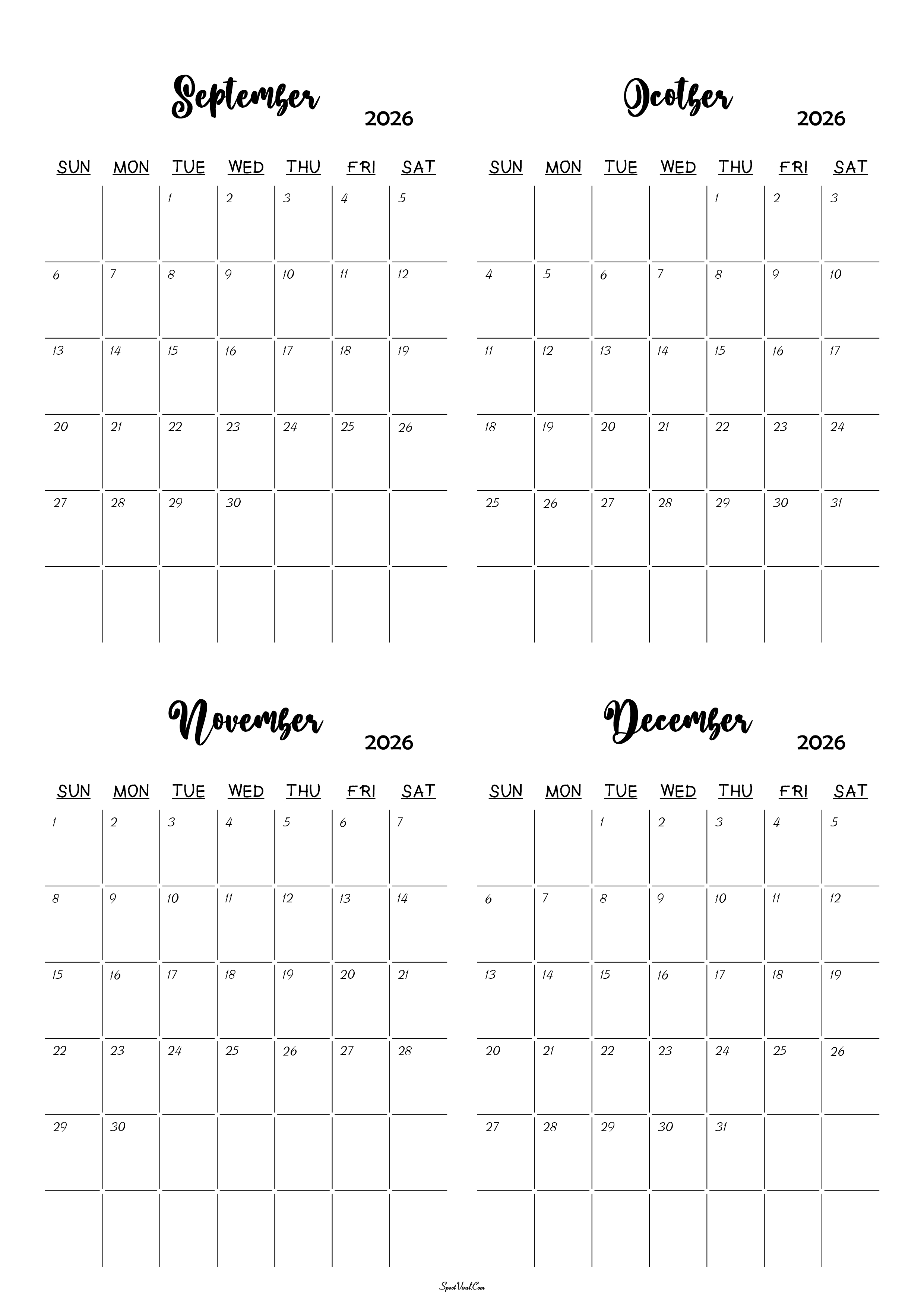 September to December 2026 Calendar