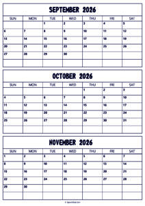 September to November 2026 Calendar