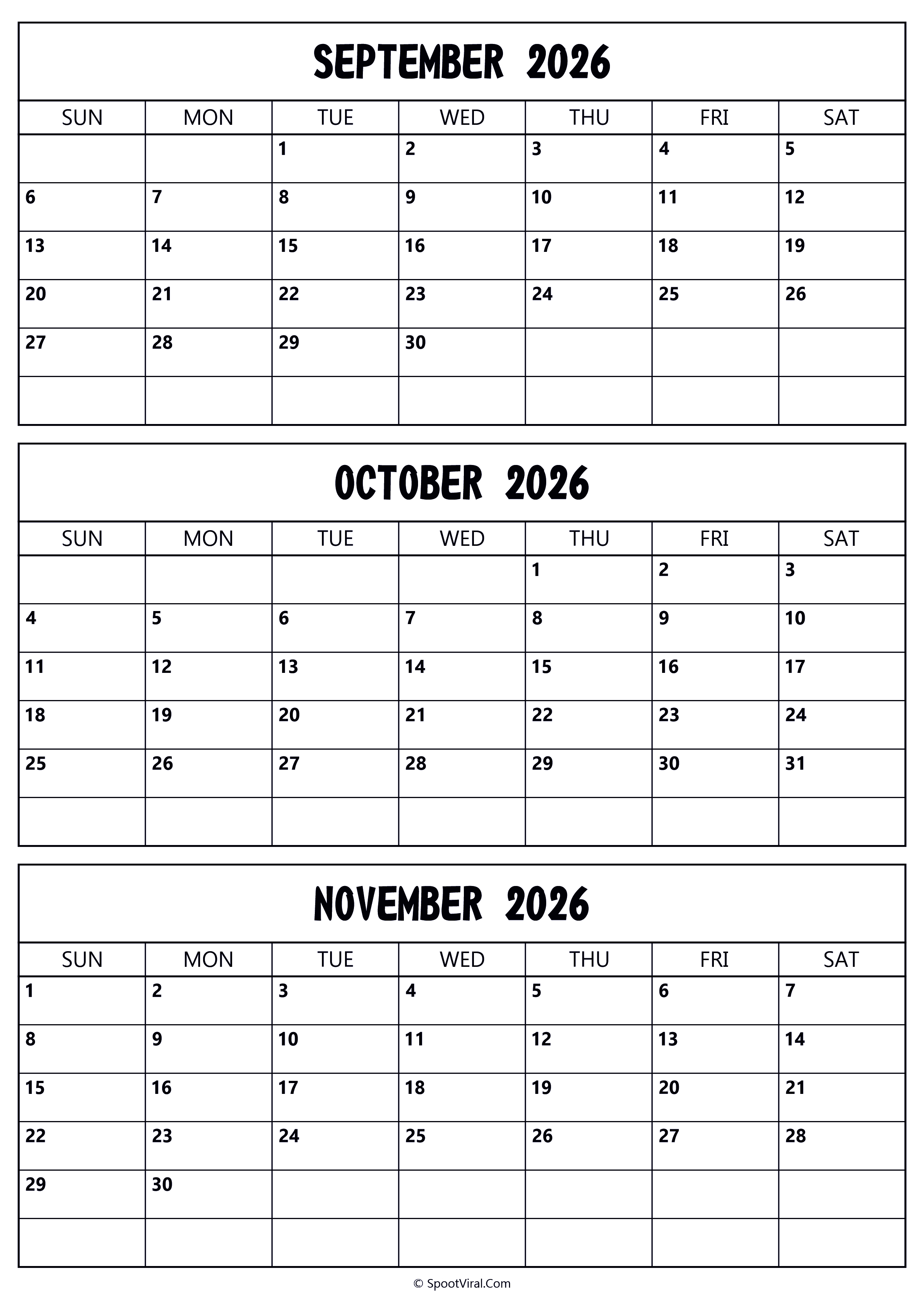 September to November 2026 Calendar