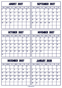 2027 August to 2028 January Calendar