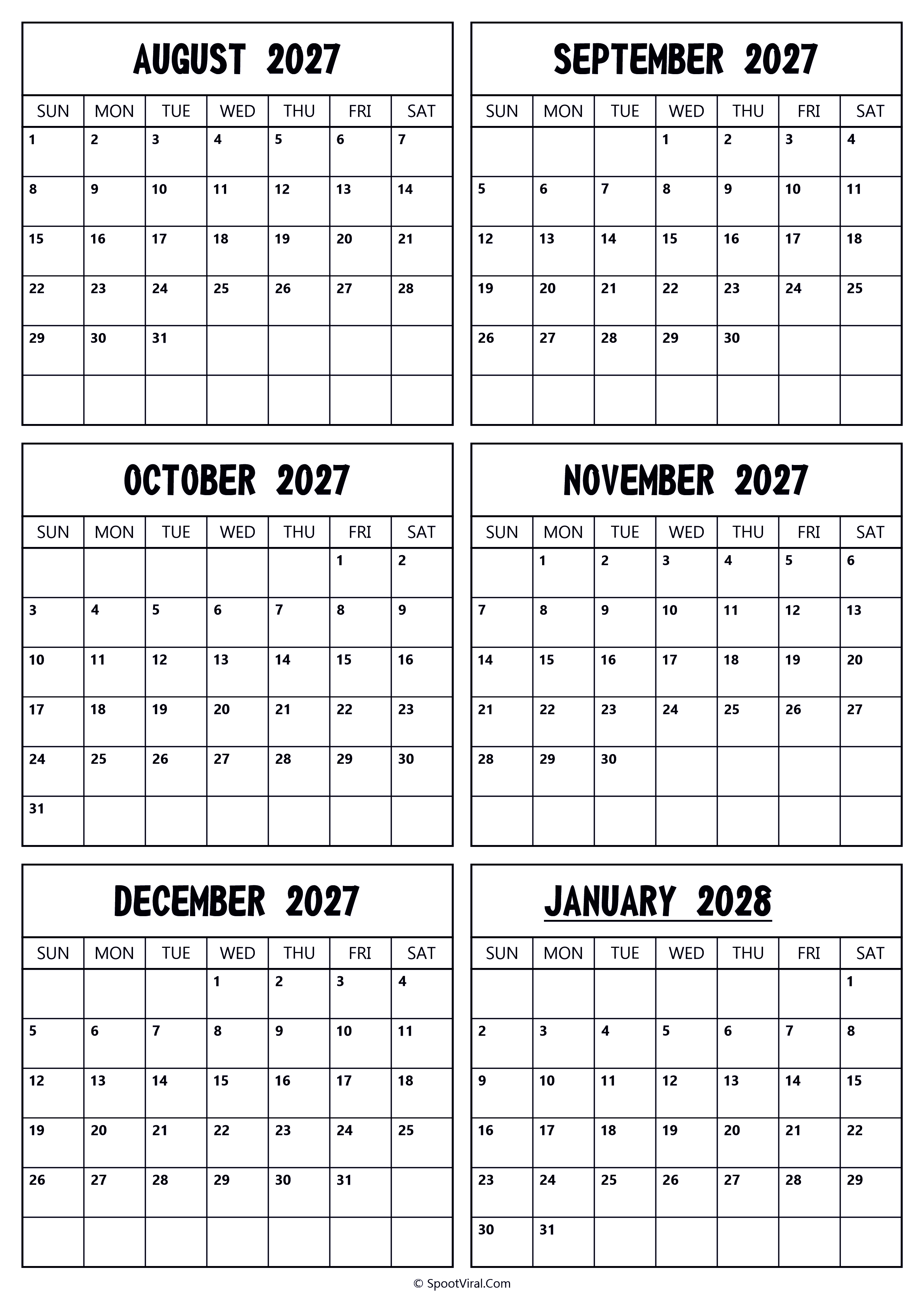 2027 August to 2028 January Calendar