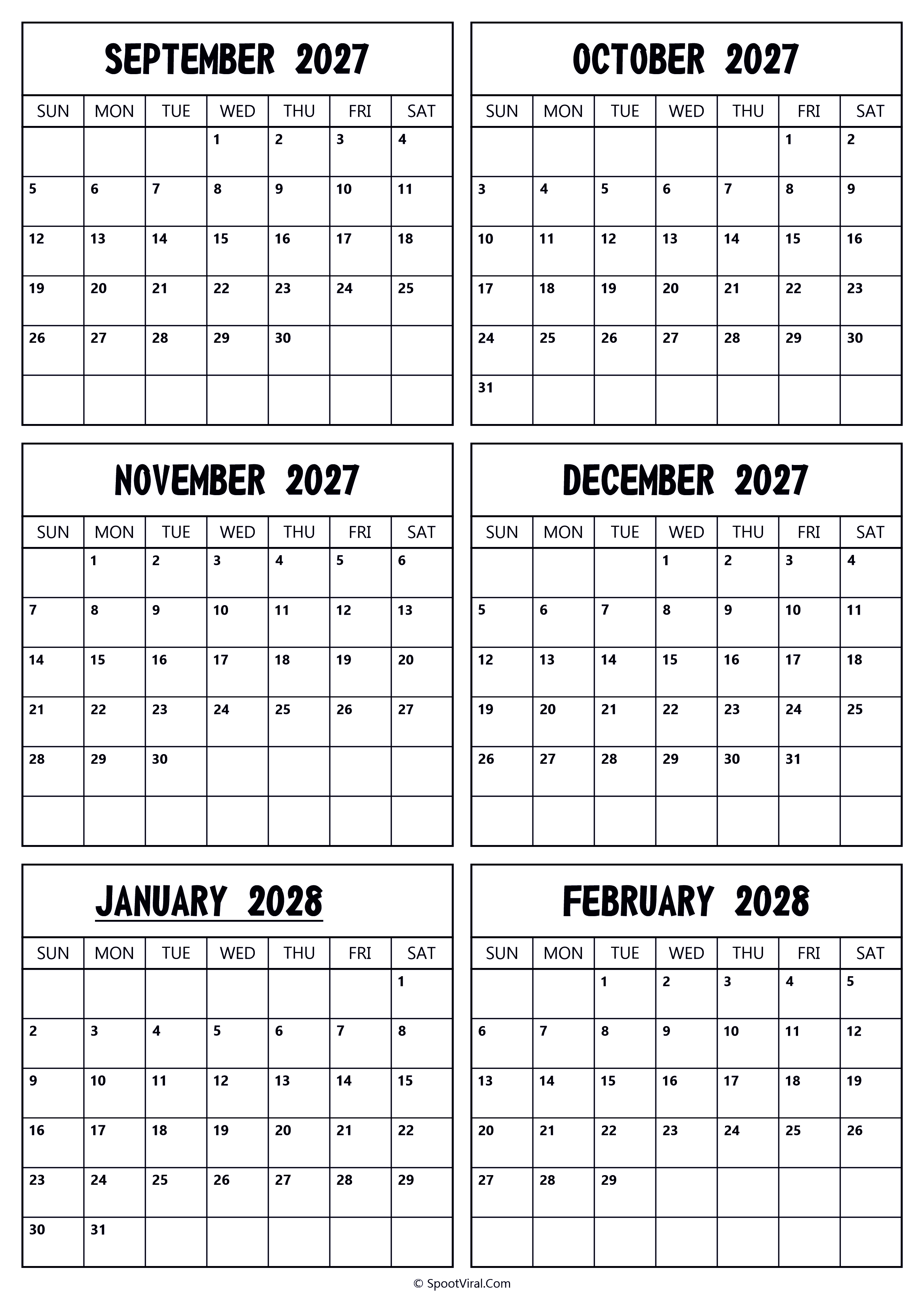 2027 September to 2028 February Calendar