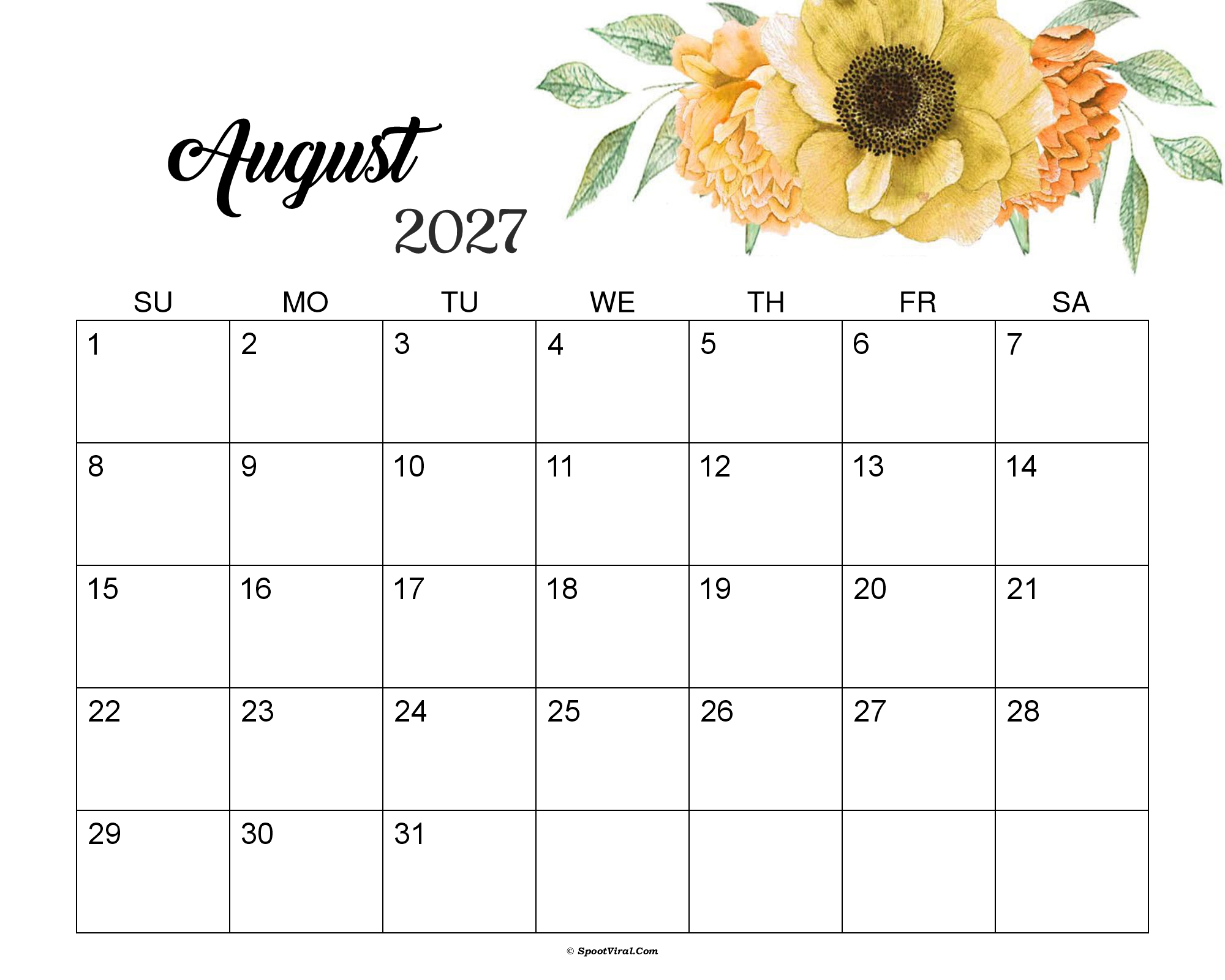 August 2027 Calendar Cute