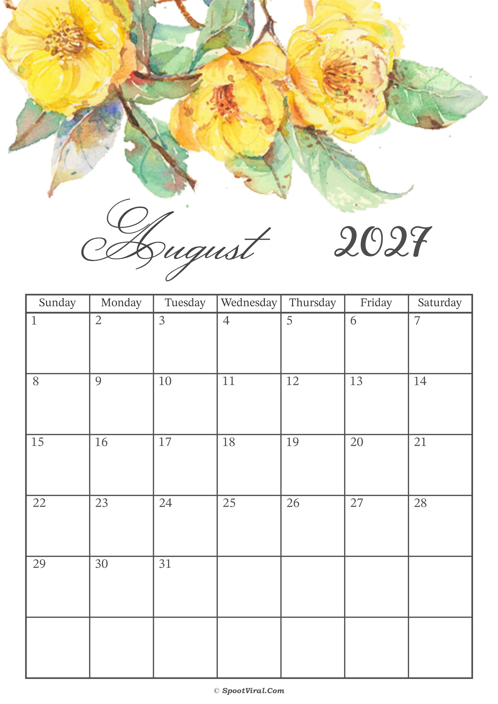 August 2027 Calendar Floral