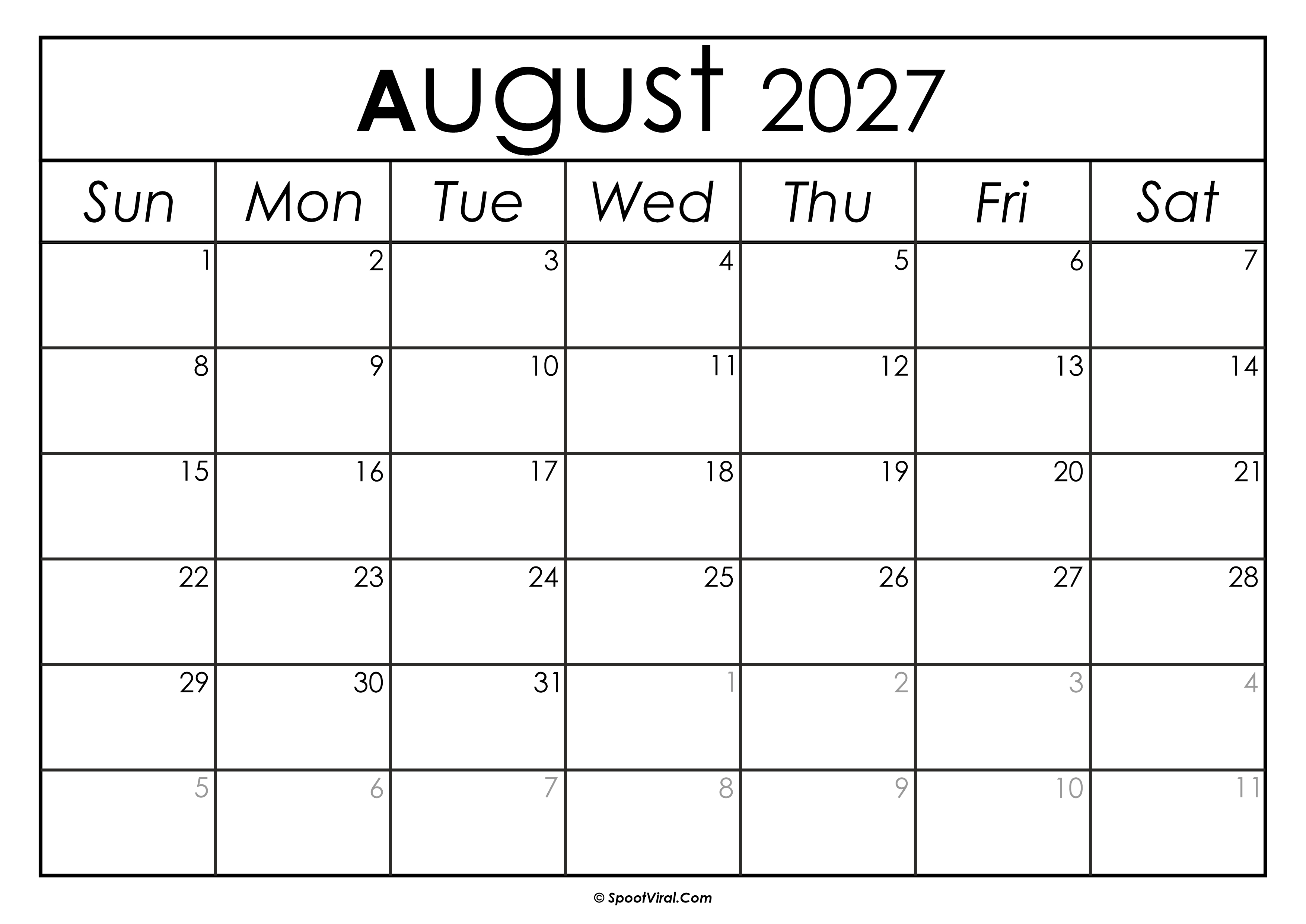 August 2027 Calendar Printable