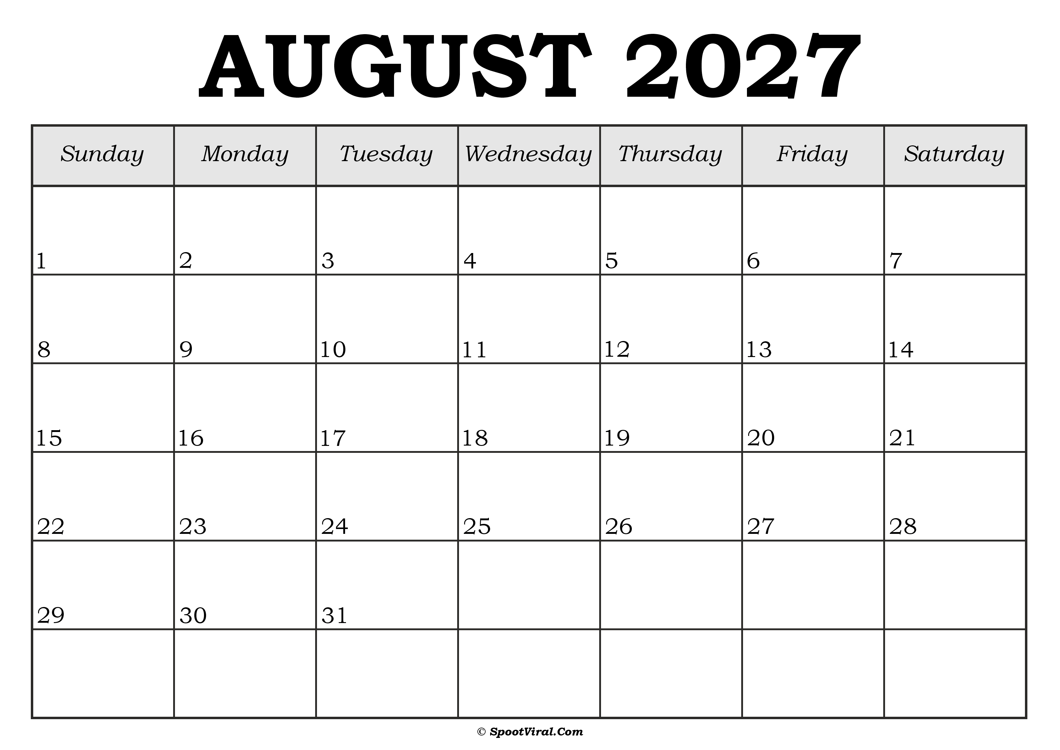 August 2027 Calendar Template