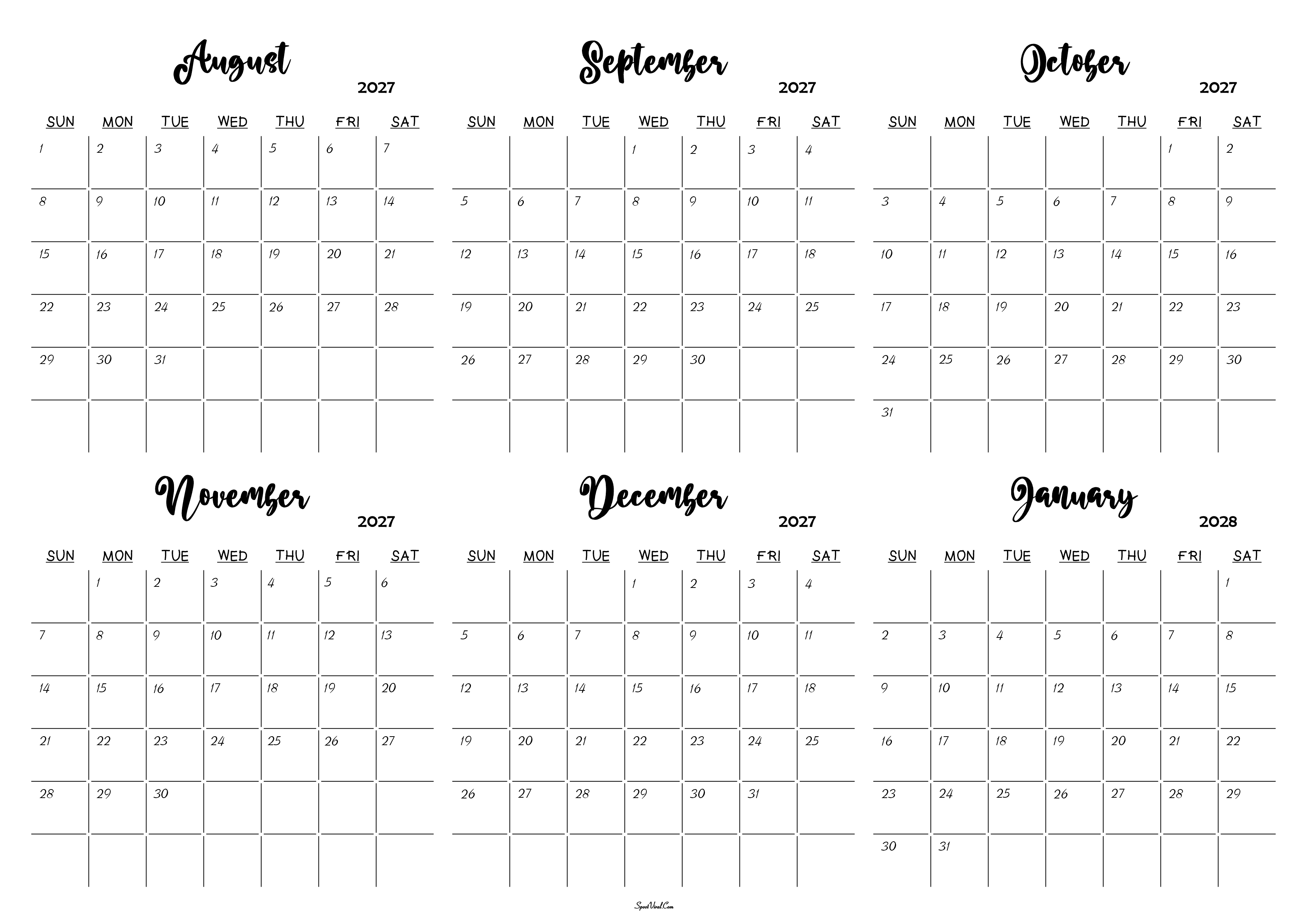 August 2027 to January 2028 Calendar