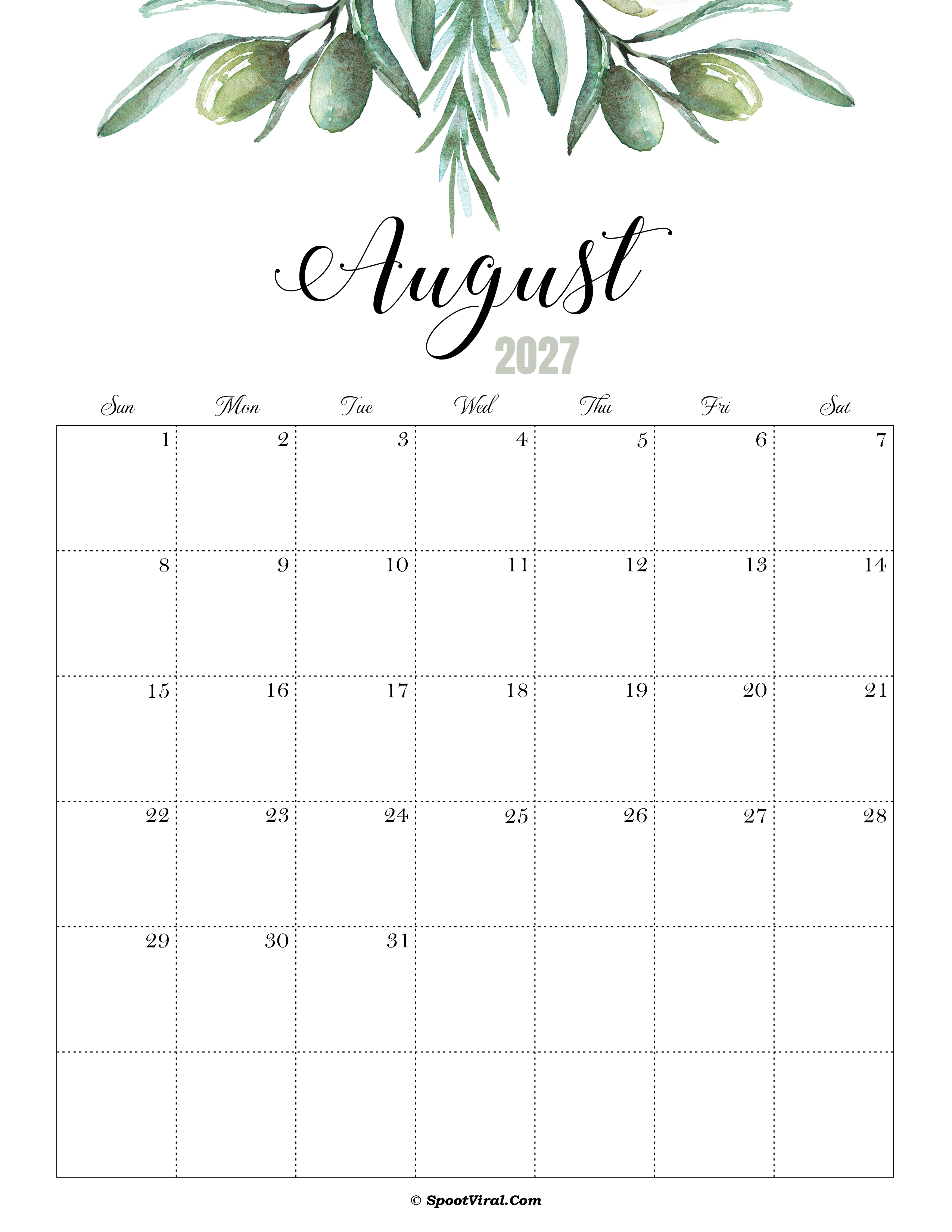 August Calendar 2027 Cute
