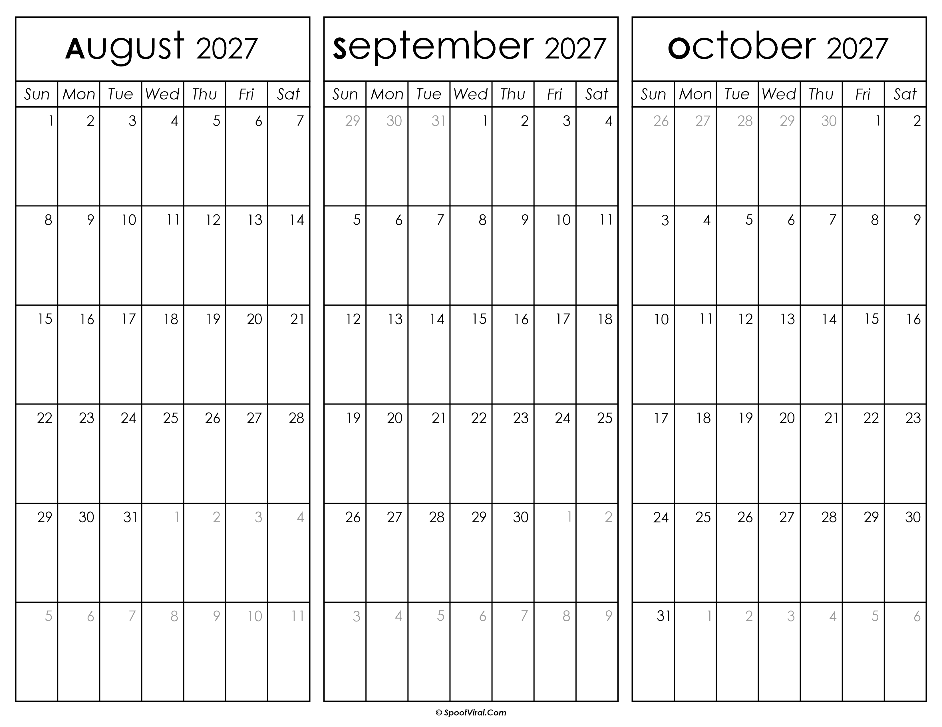 August September and October Calendar 2027