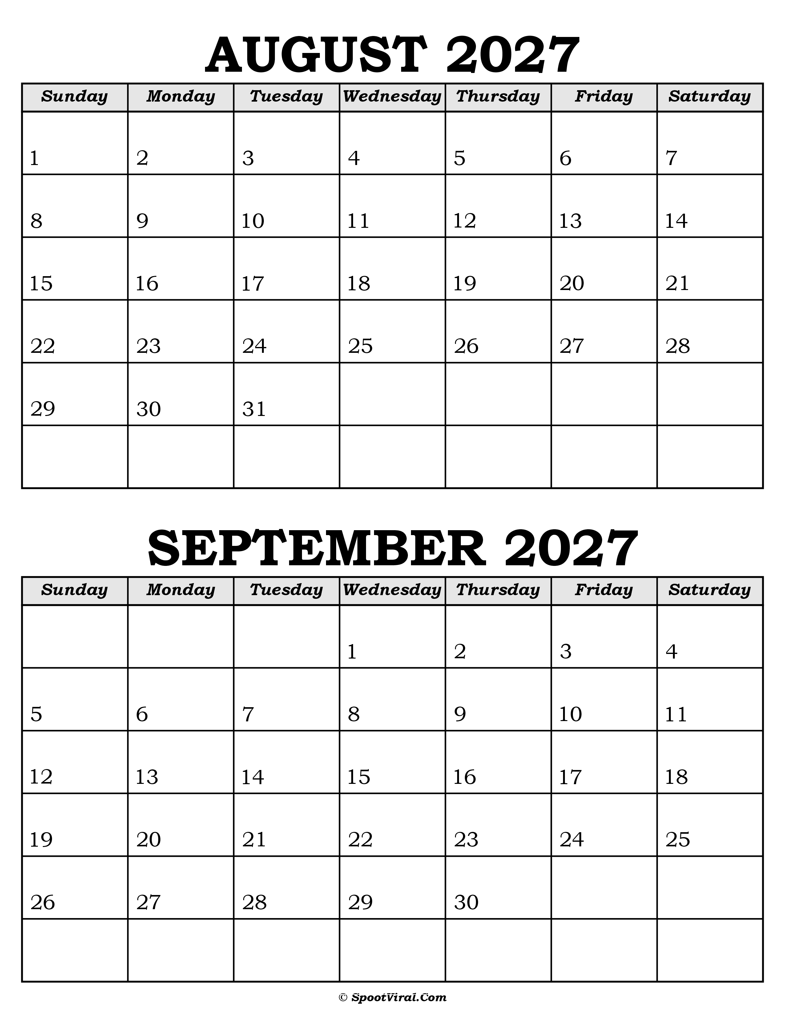 August and September Calendar 2027