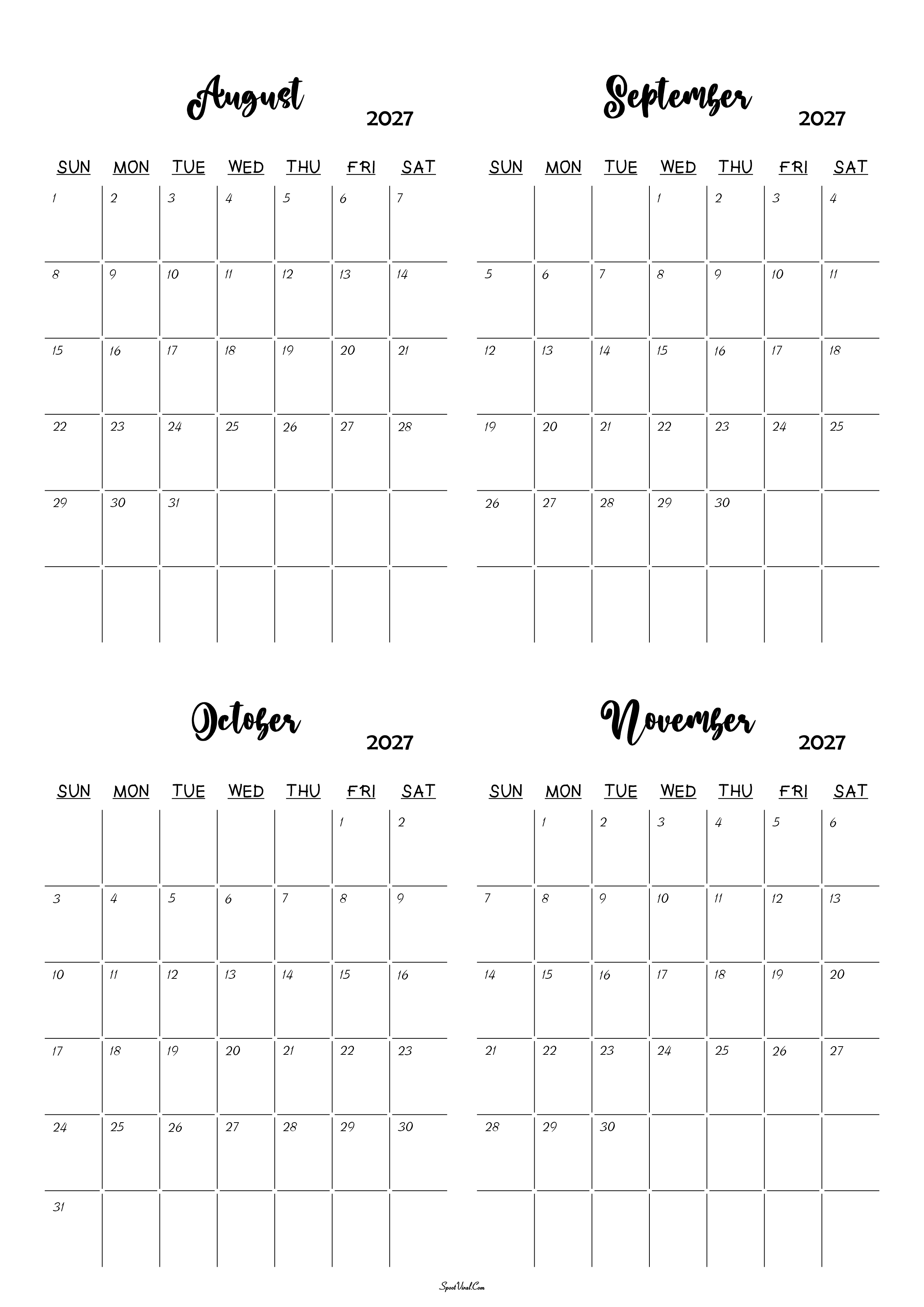 August to November 2027 Calendar