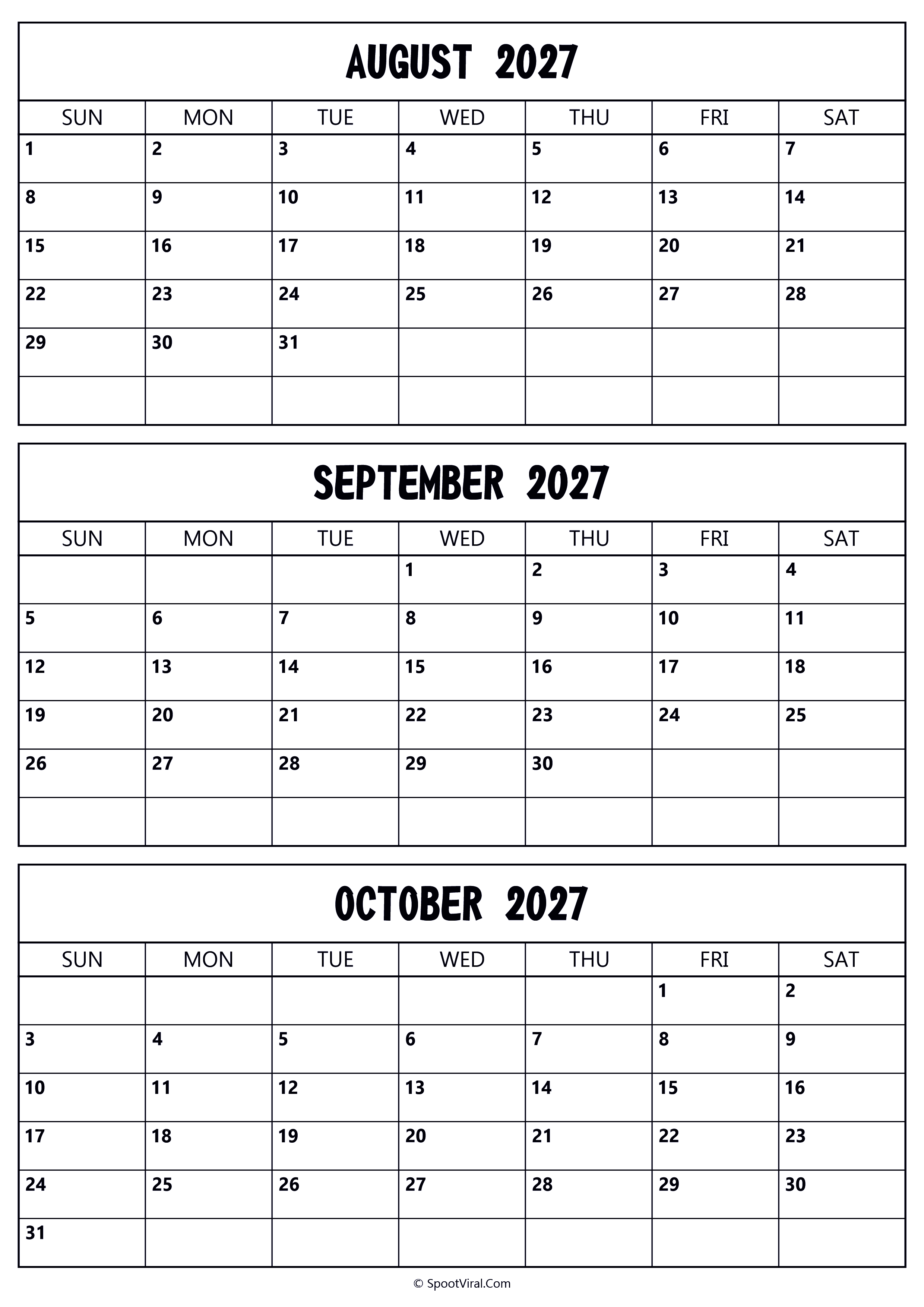 August to October 2027 Calendar