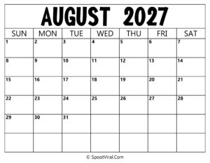 Blank Calendar August 2027