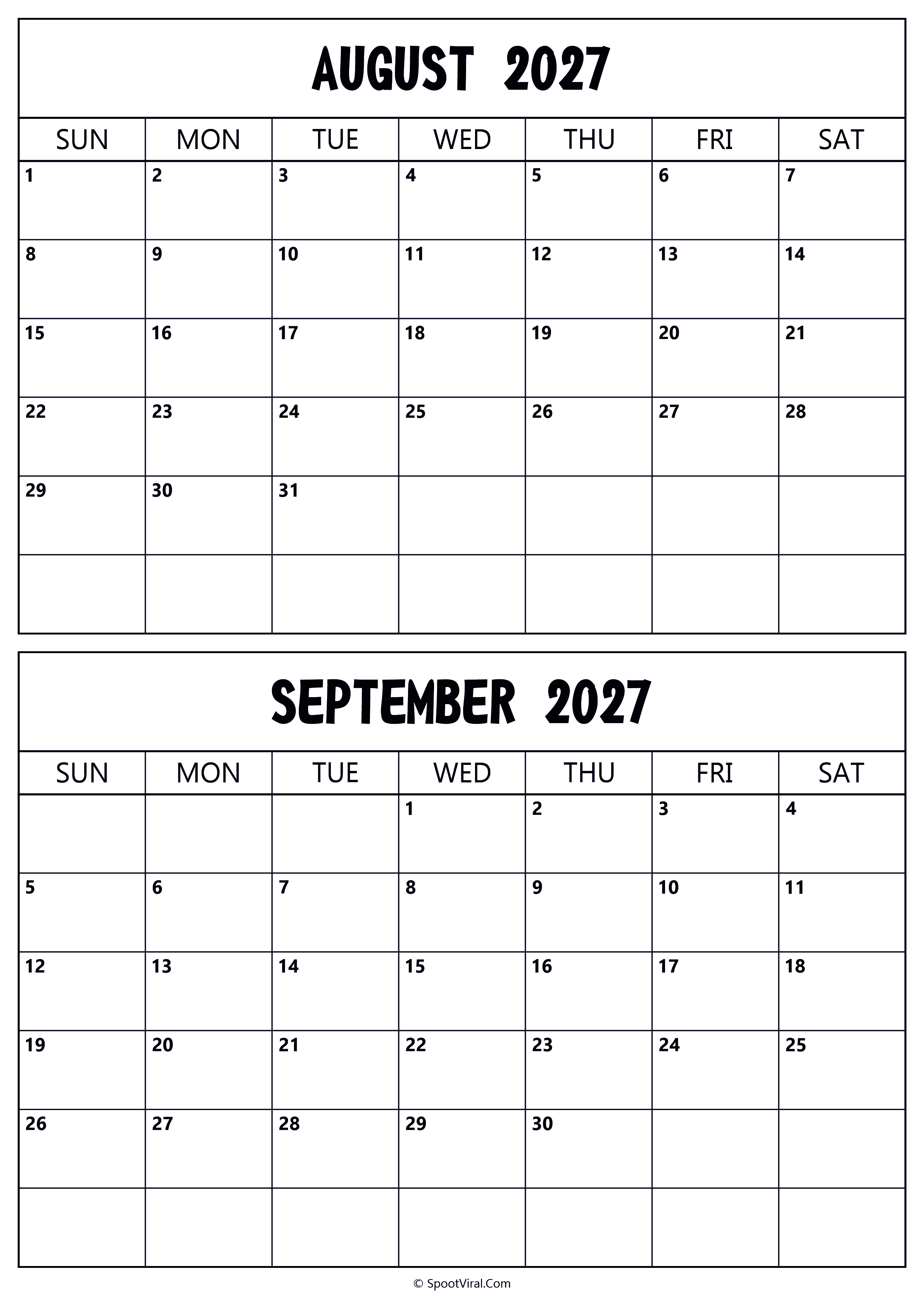 Calendar 2027 August September