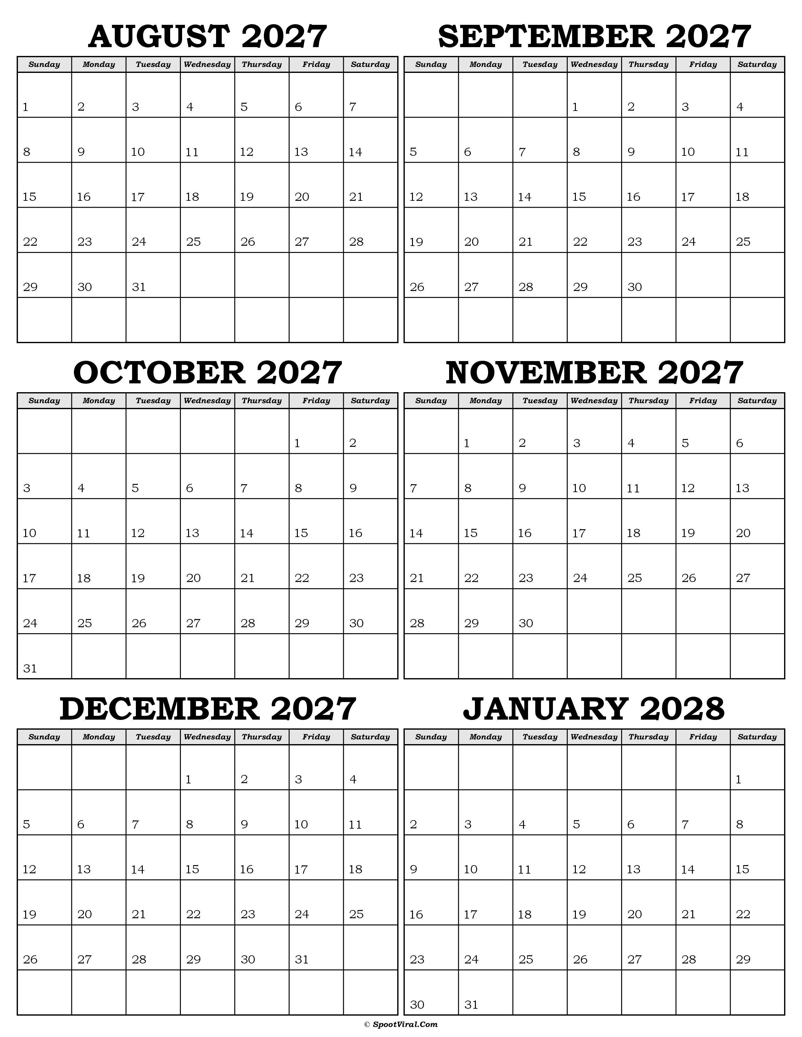 Calendar August 2027 to January 2028