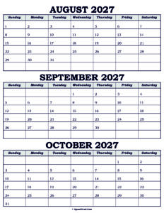 Calendar August September October 2027