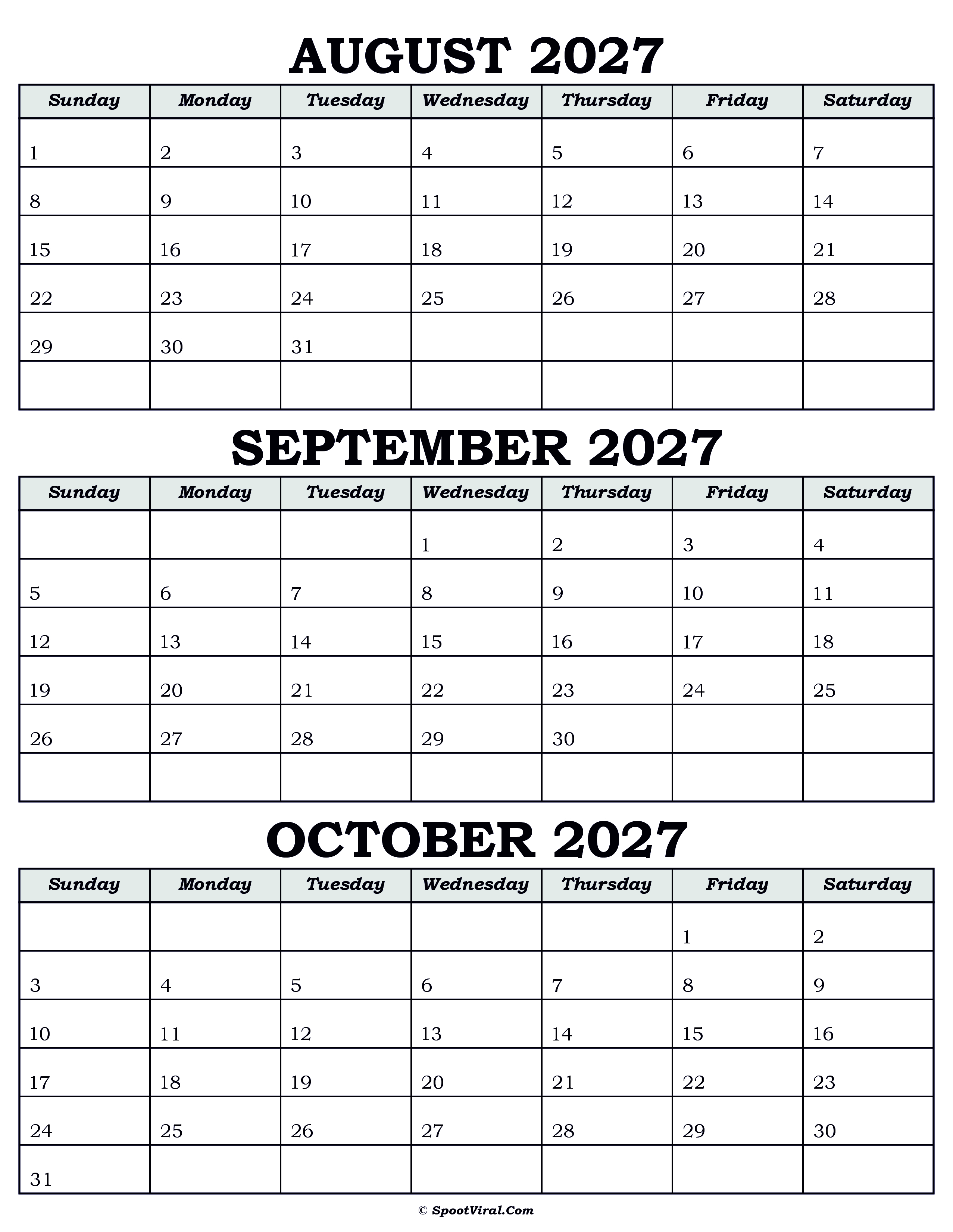 Calendar August September October 2027