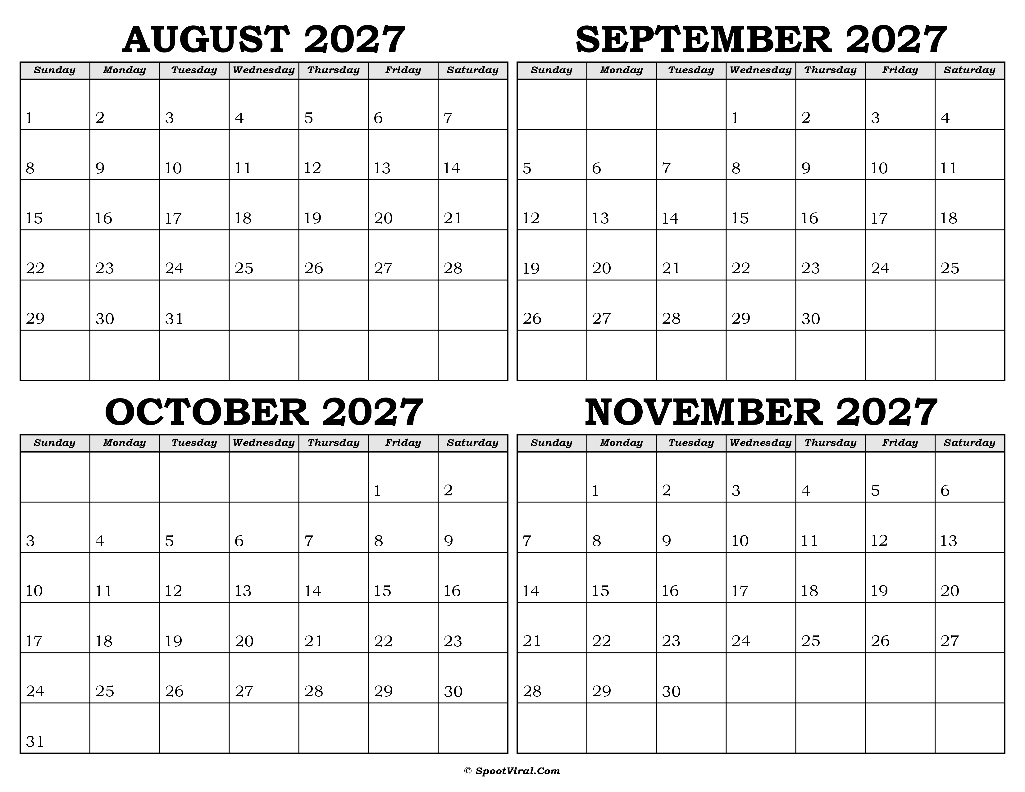 Calendar August to November 2027