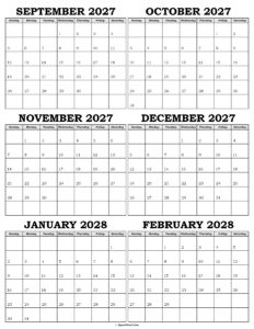 Calendar September 2027 to February 2028