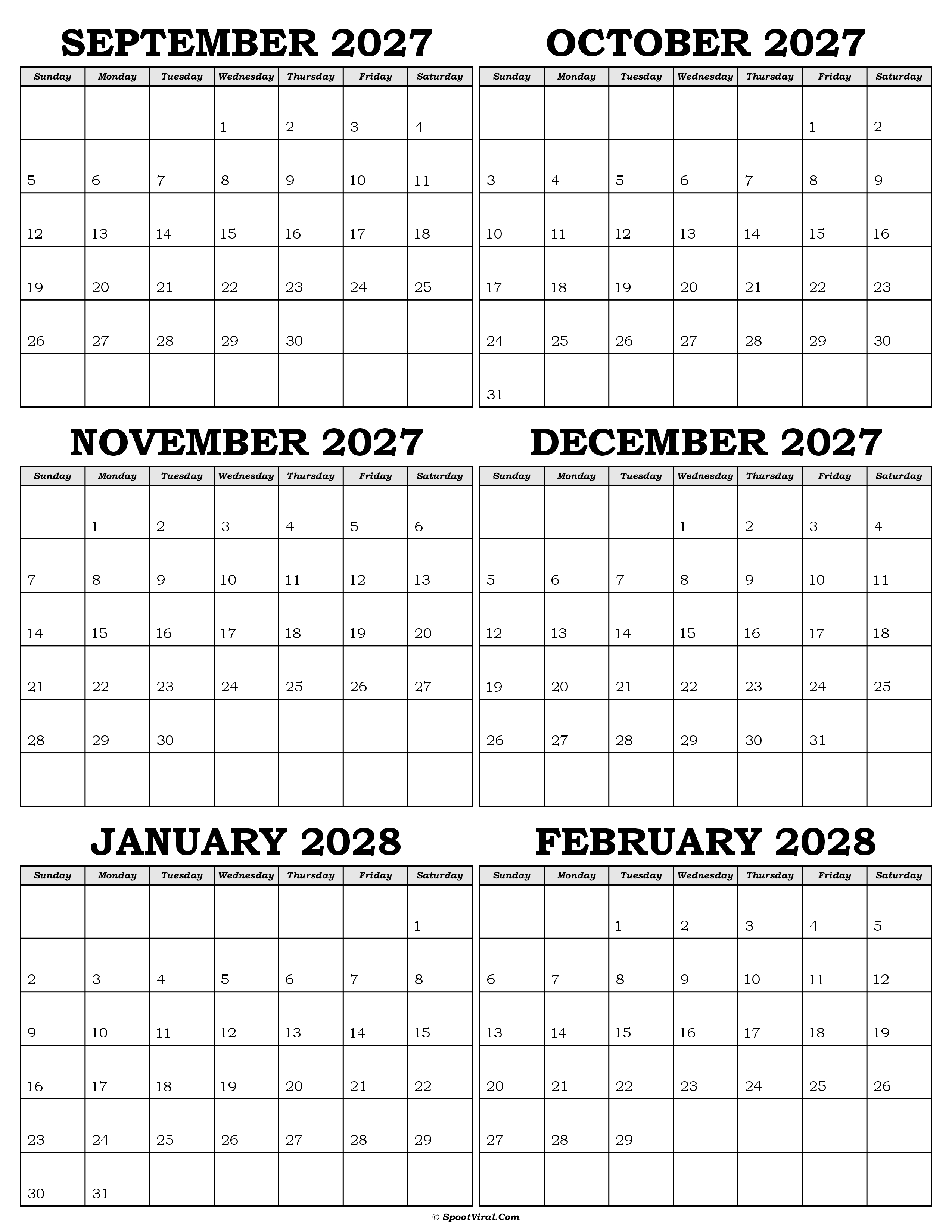Calendar September 2027 to February 2028