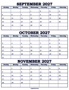 Calendar September October November 2027