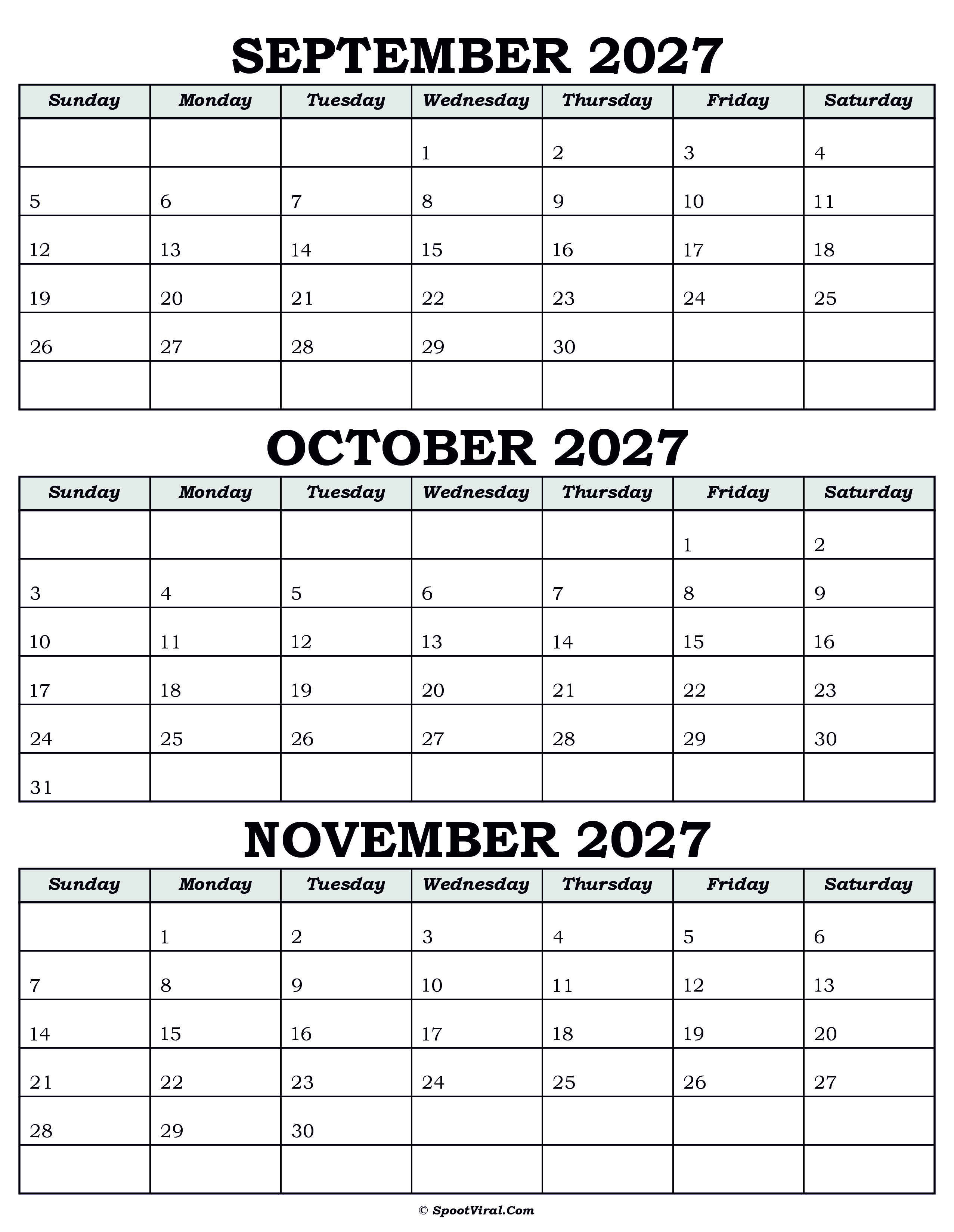 Calendar September October November 2027