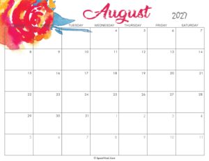 Cute August Calendar 2027 Printable