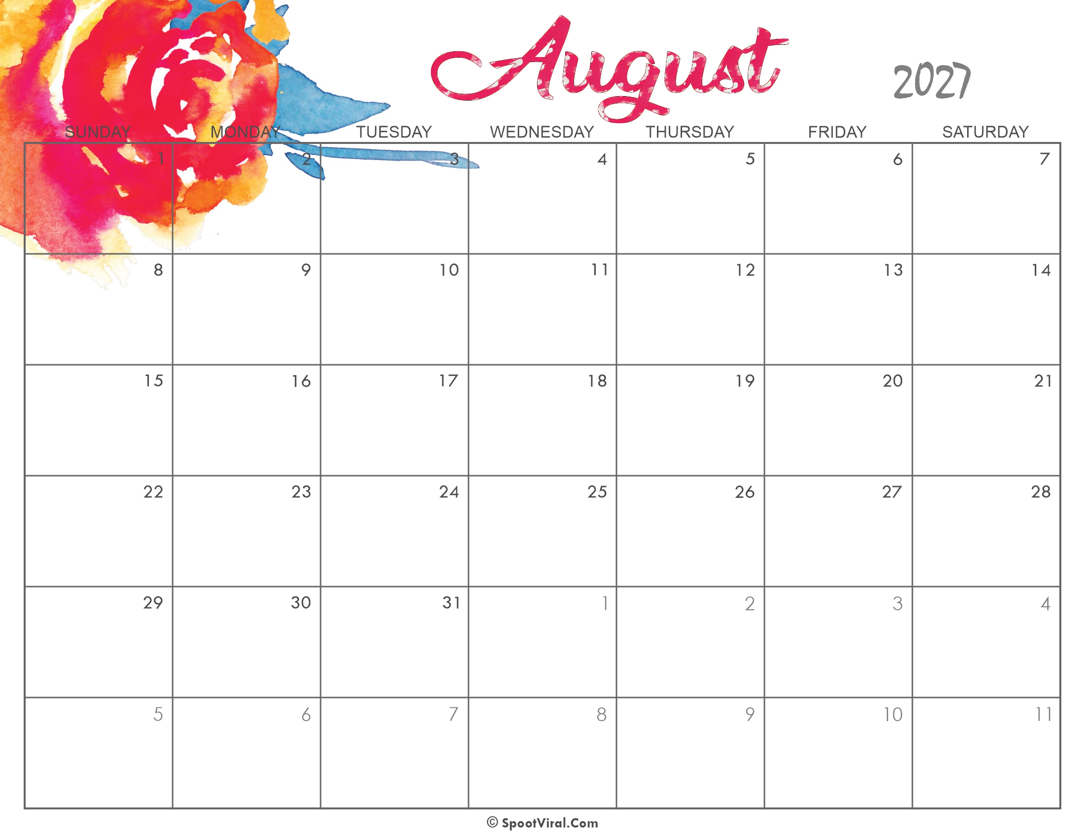 Cute August Calendar 2027 Printable