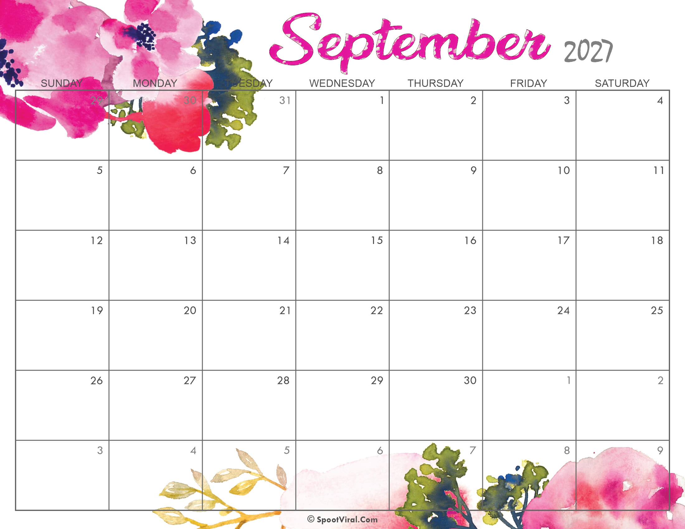 Cute September Calendar 2027 Printable
