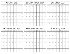 Printable August 2027 to January 2028 Calendar