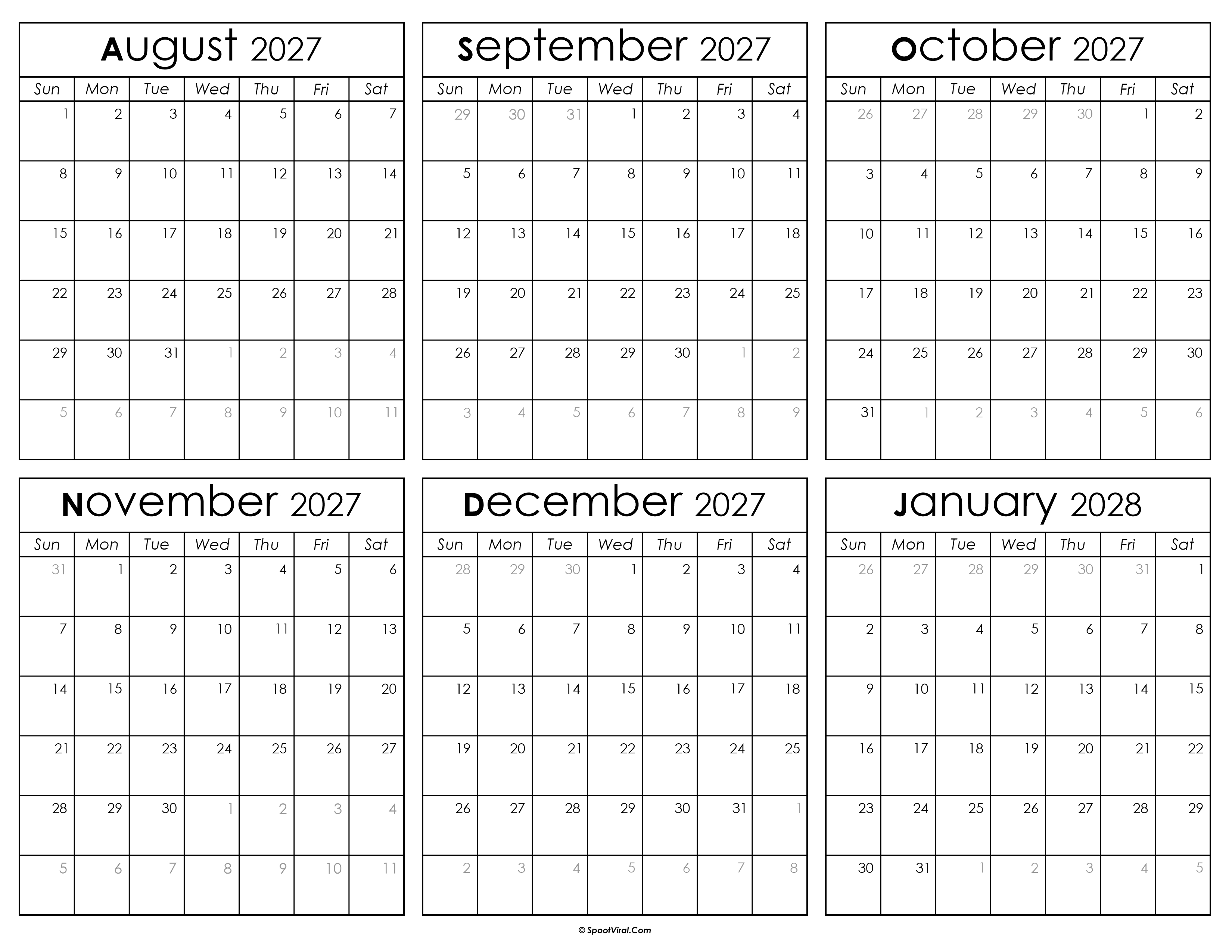 Printable August 2027 to January 2028 Calendar