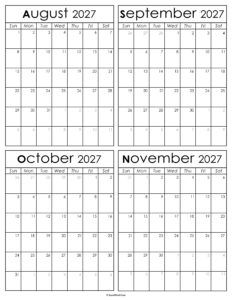 Printable August to November 2027 Calendars
