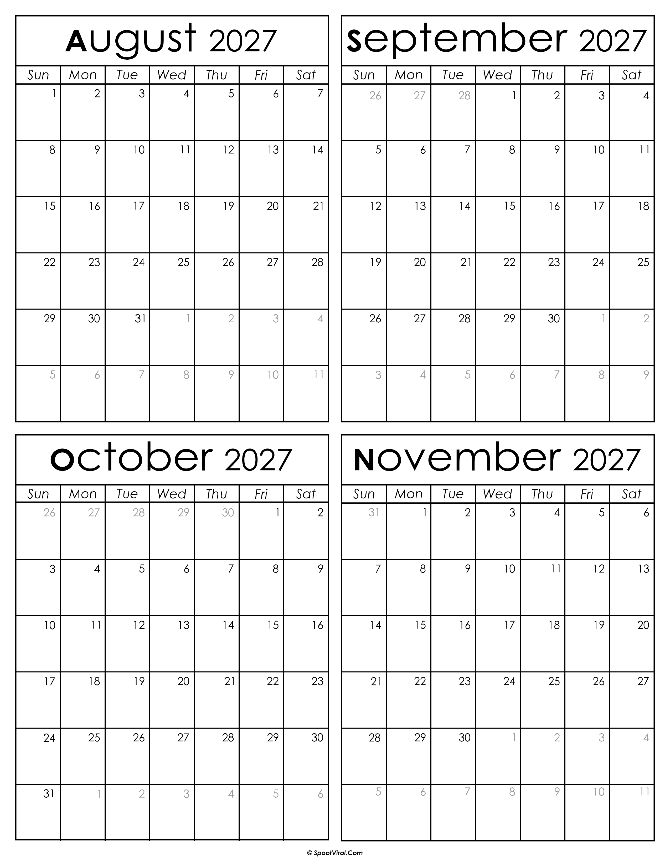 Printable August to November 2027 Calendars