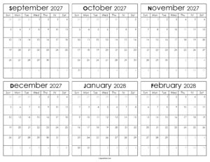 Printable September 2027 to February 2028 Calendar