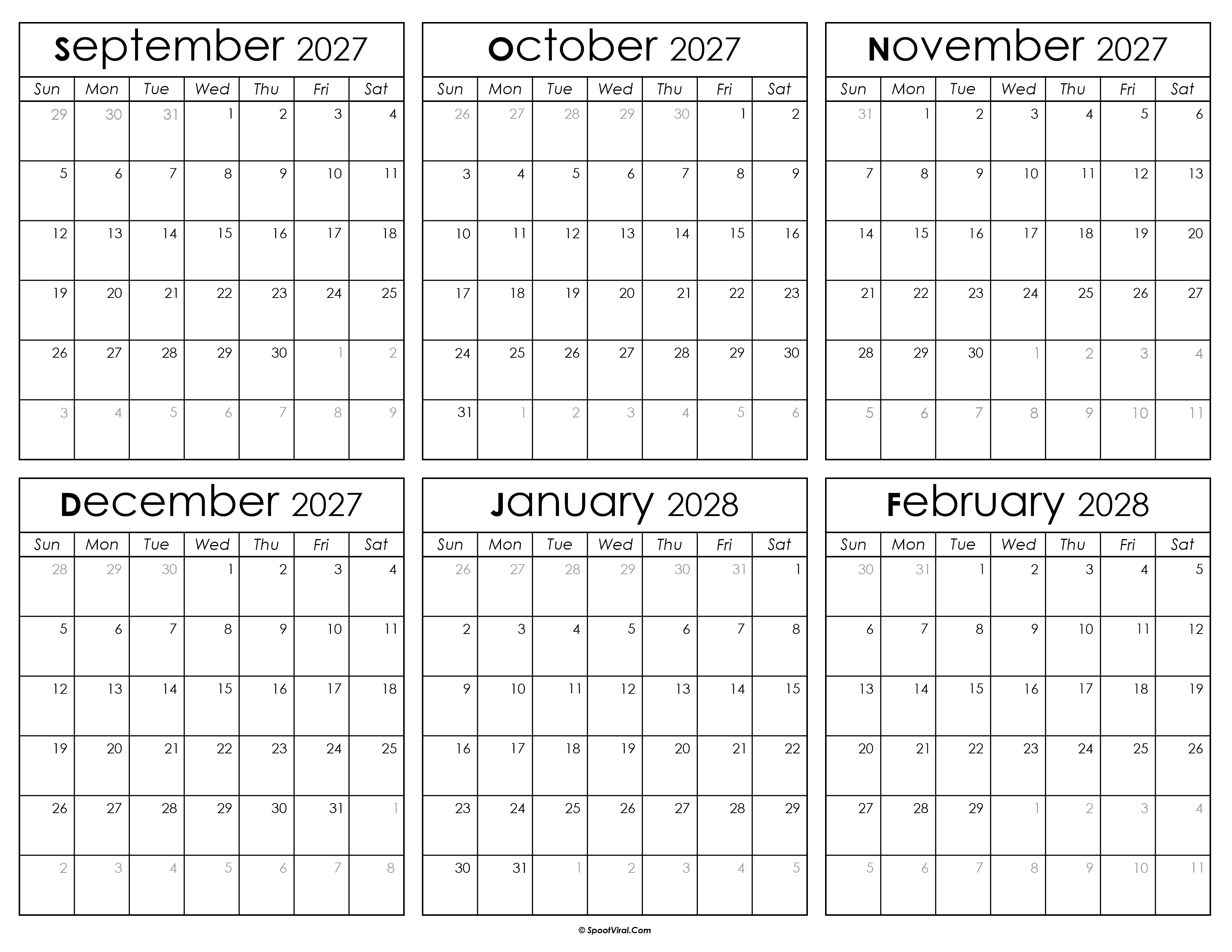 Printable September 2027 to February 2028 Calendar