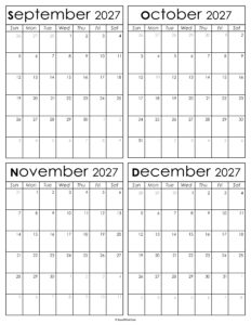Printable September to December 2027 Calendars