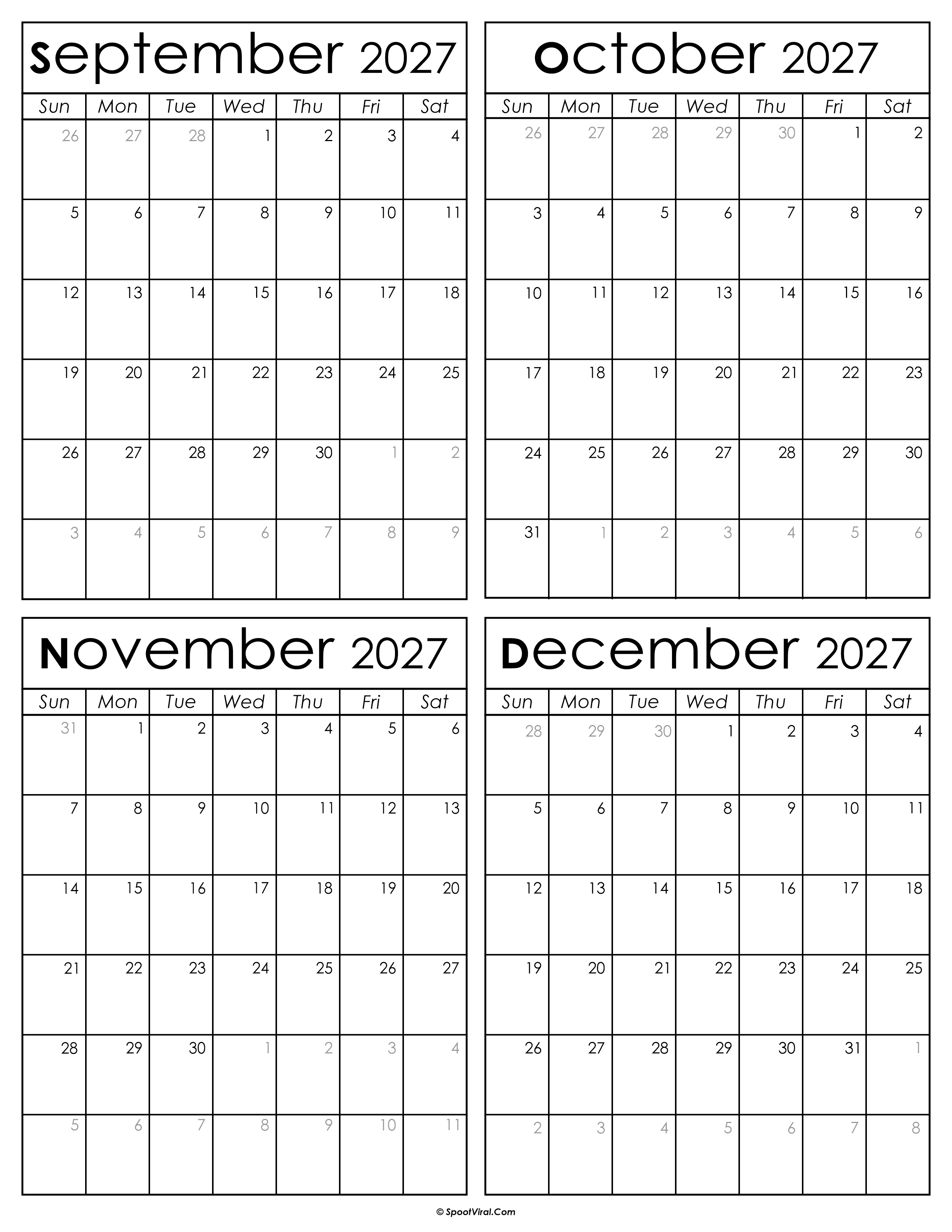 Printable September to December 2027 Calendars