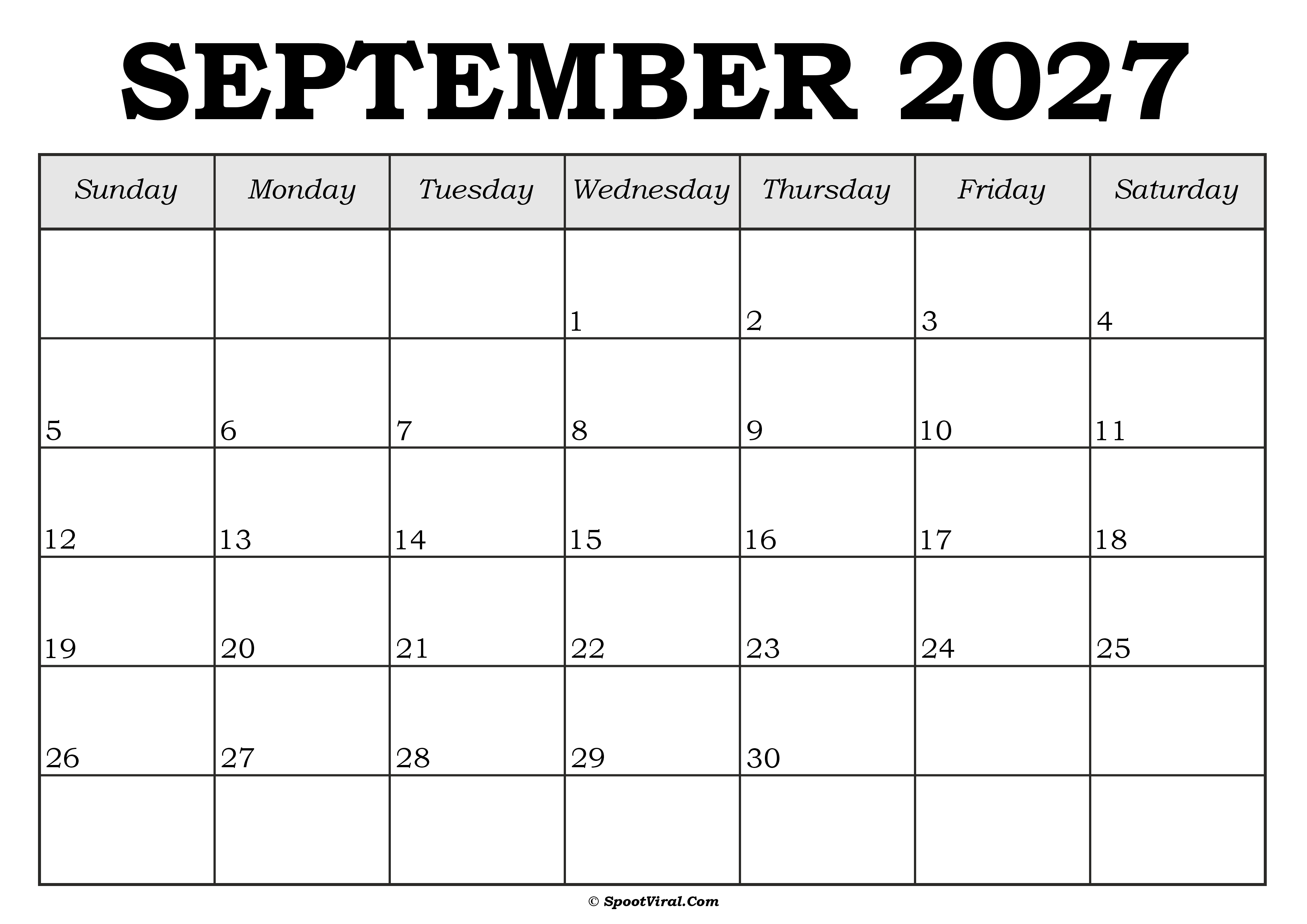 September 2027 Calendar Template