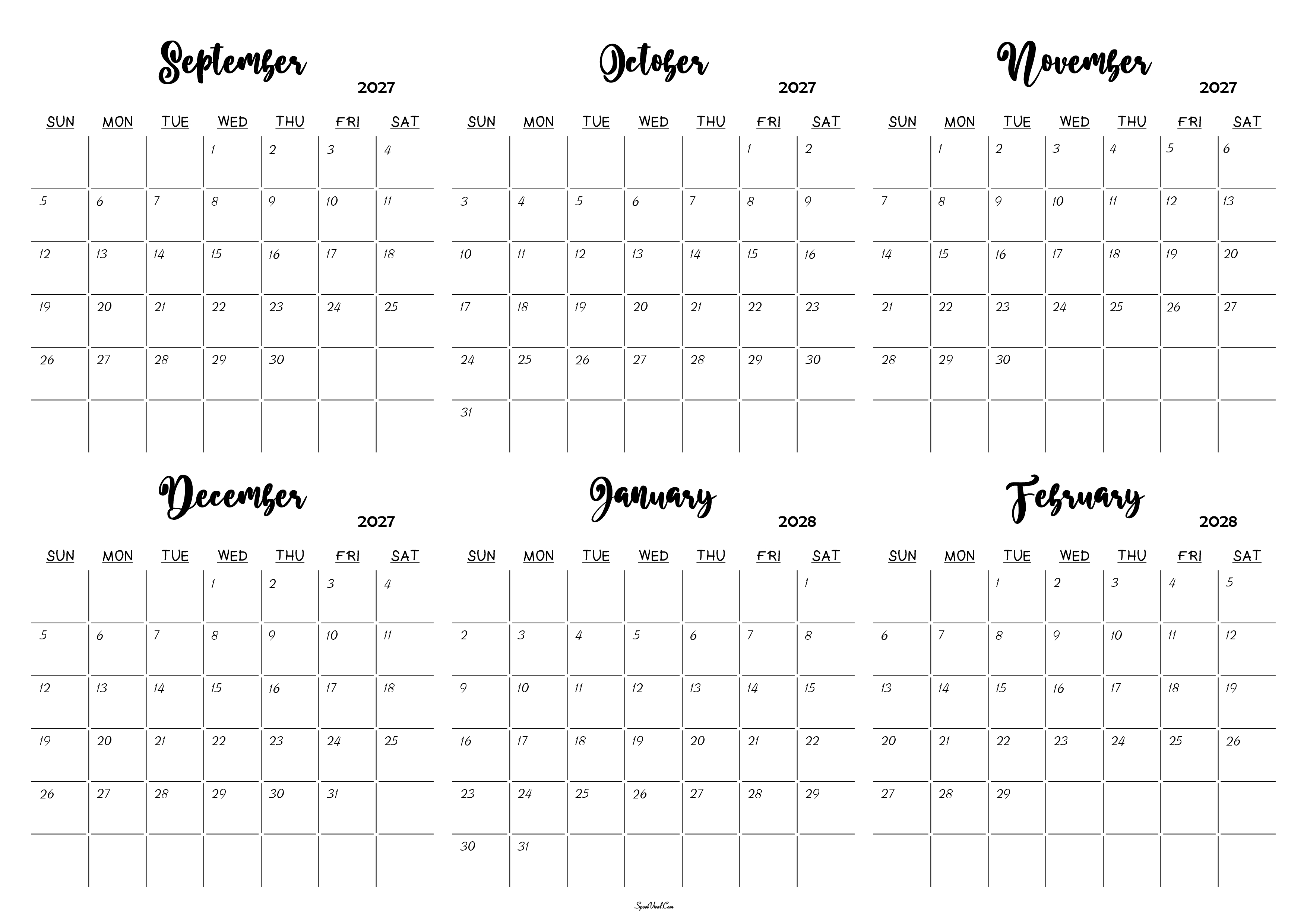 September 2027 to February 2028 Calendar