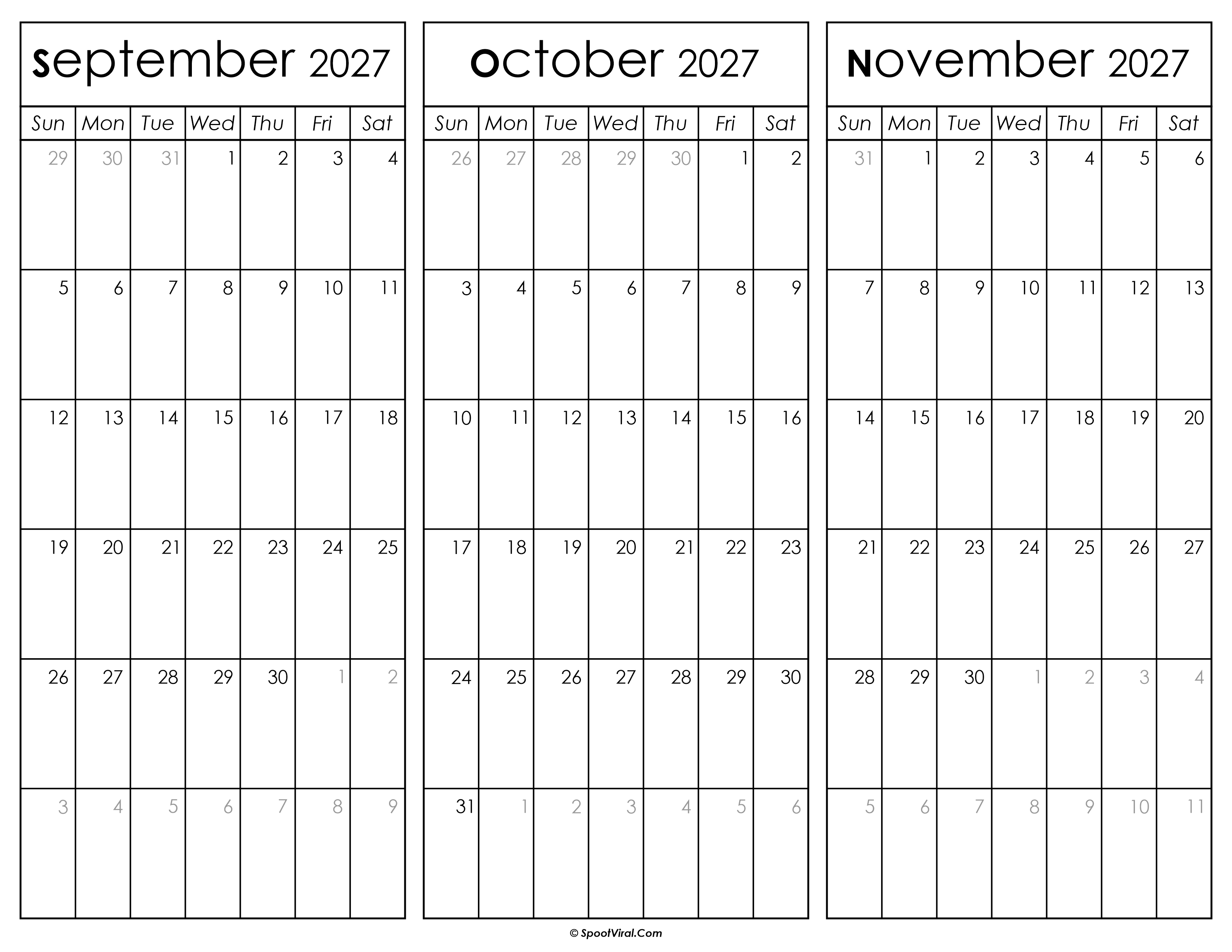 September October and November Calendar 2027