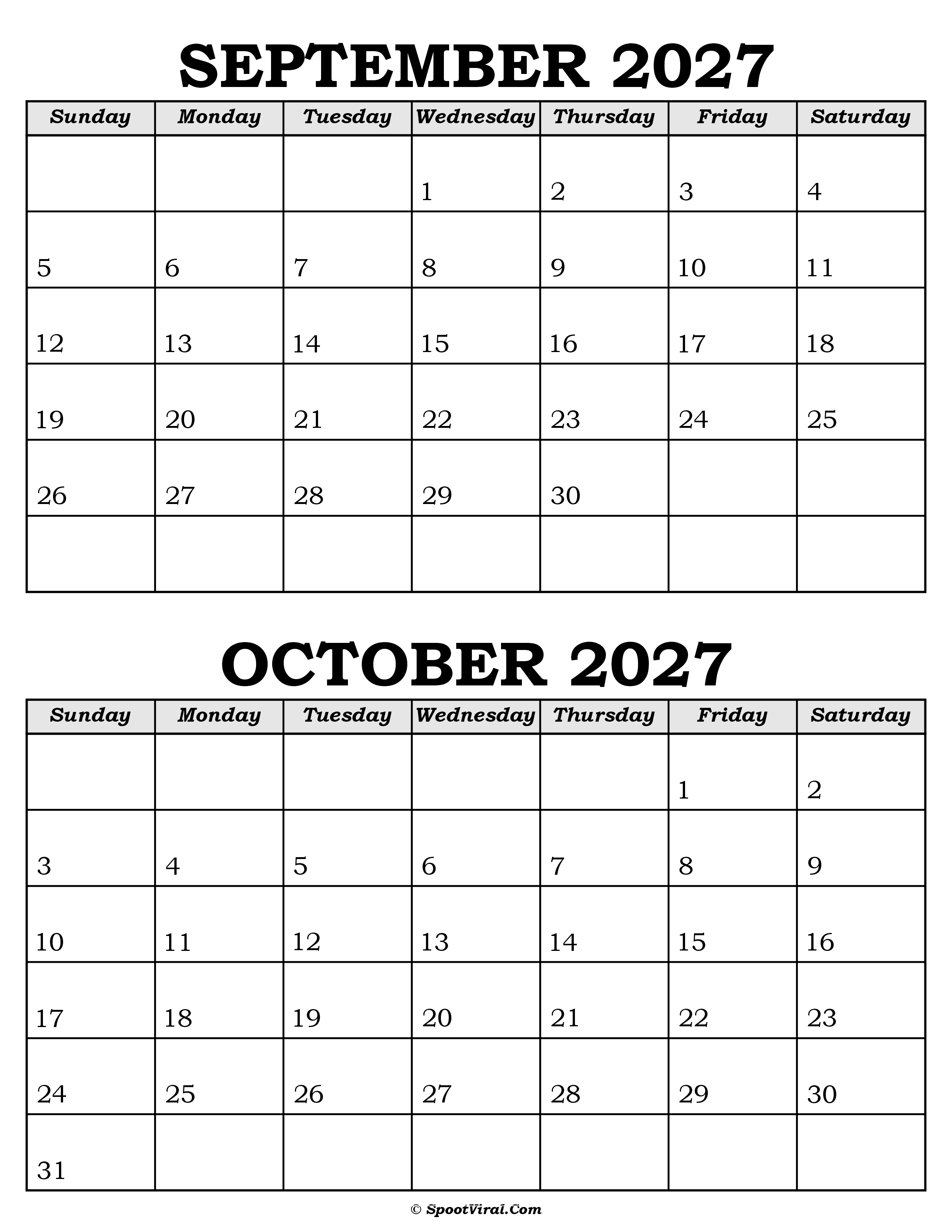 September and October Calendar 2027