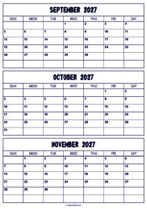 September to November 2027 Calendar