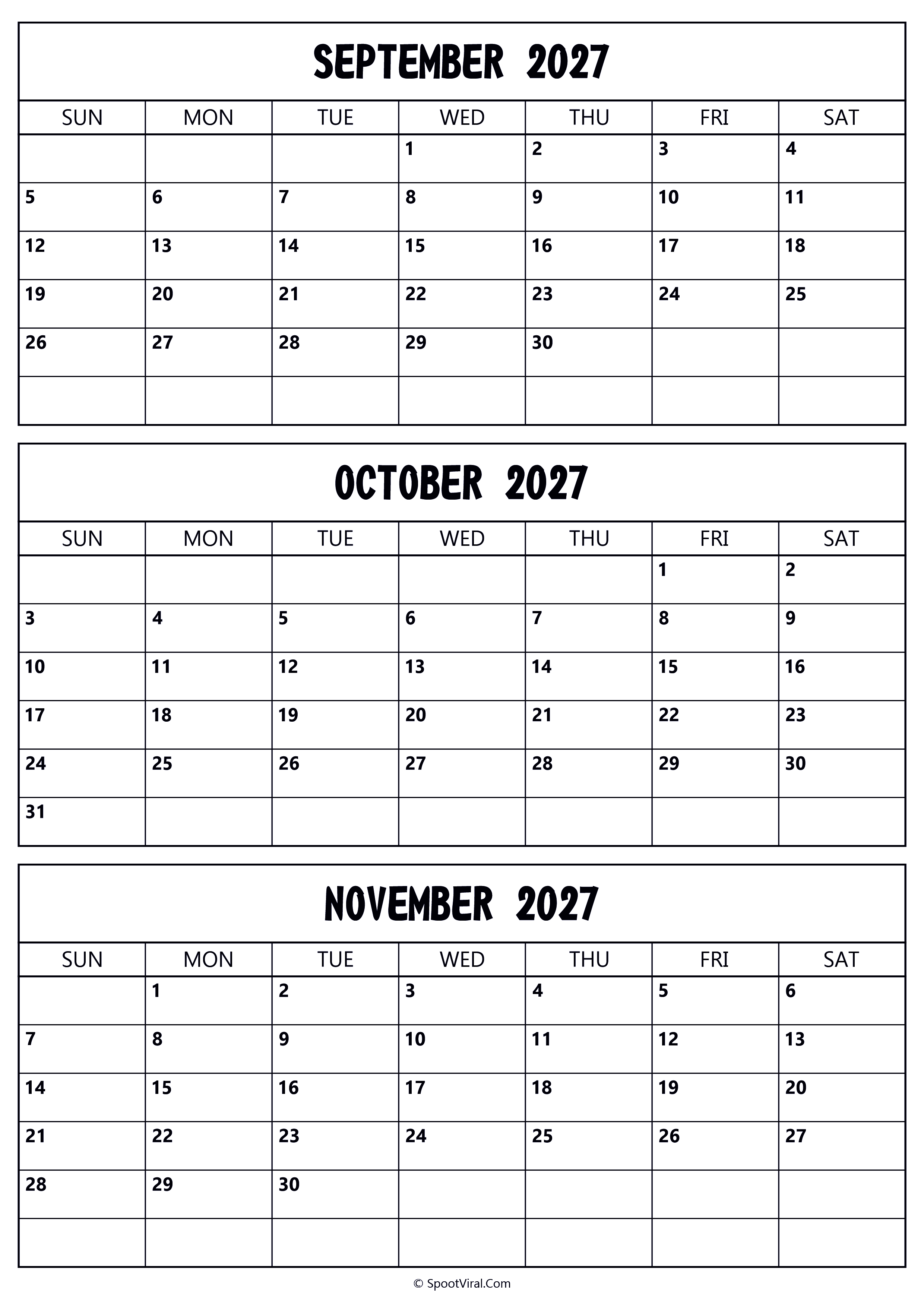 September to November 2027 Calendar